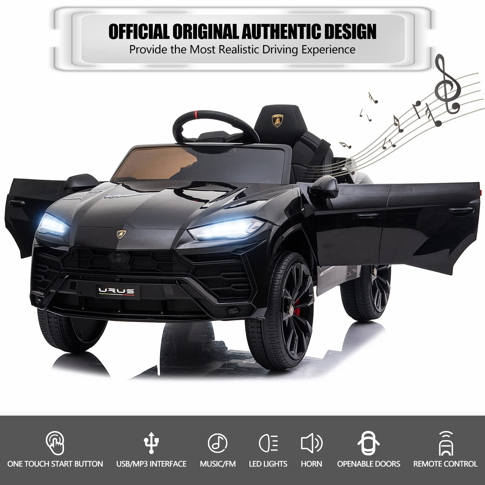 12V Licensed Lamborghini Kids Electric Ride On Car with Remote Control - AUX, Spring Suspension, LED Lights & Music - Perfect for Birthday Gifts & Outdoor Play (Black)