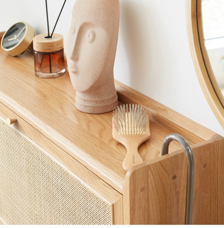 Oak Solid Wood Ultra Thin Flap Door Rattan Shoe Cabinet - Space Saving Entryway Storage Organizer for Hallway, Closet & Mudroom