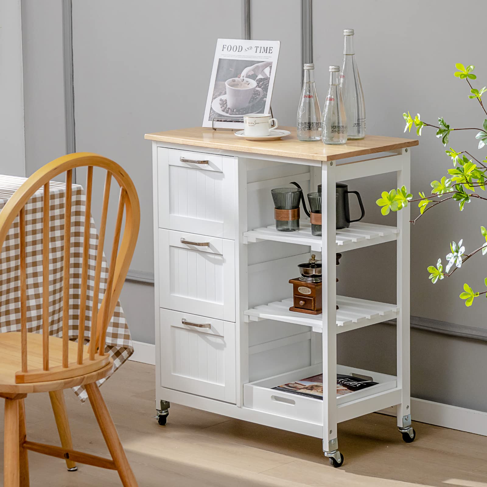 PETSITE White Kitchen Island Cart with Wheels - Rolling Storage Cart with Drawers & Shelves for Small Spaces, Mobile Kitchen Organizer for Cooking, Baking & Entertaining - Perfect for Apartments & Small Kitchens