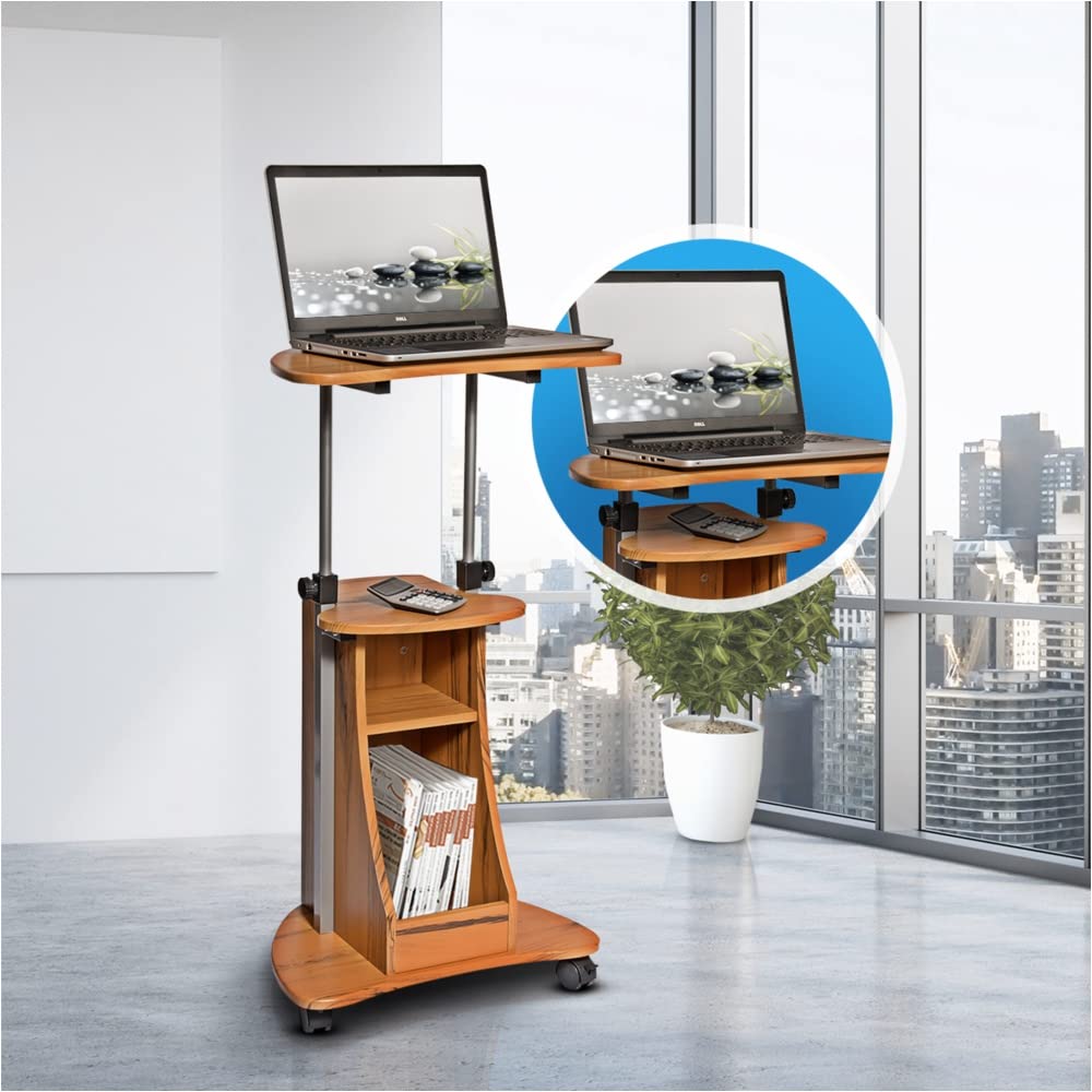 Huazo Adjustable Height Sit to Stand Rolling Laptop Cart with Storage - Home Office Desk with Woodgrain Finish for Work, Study & Remote Work