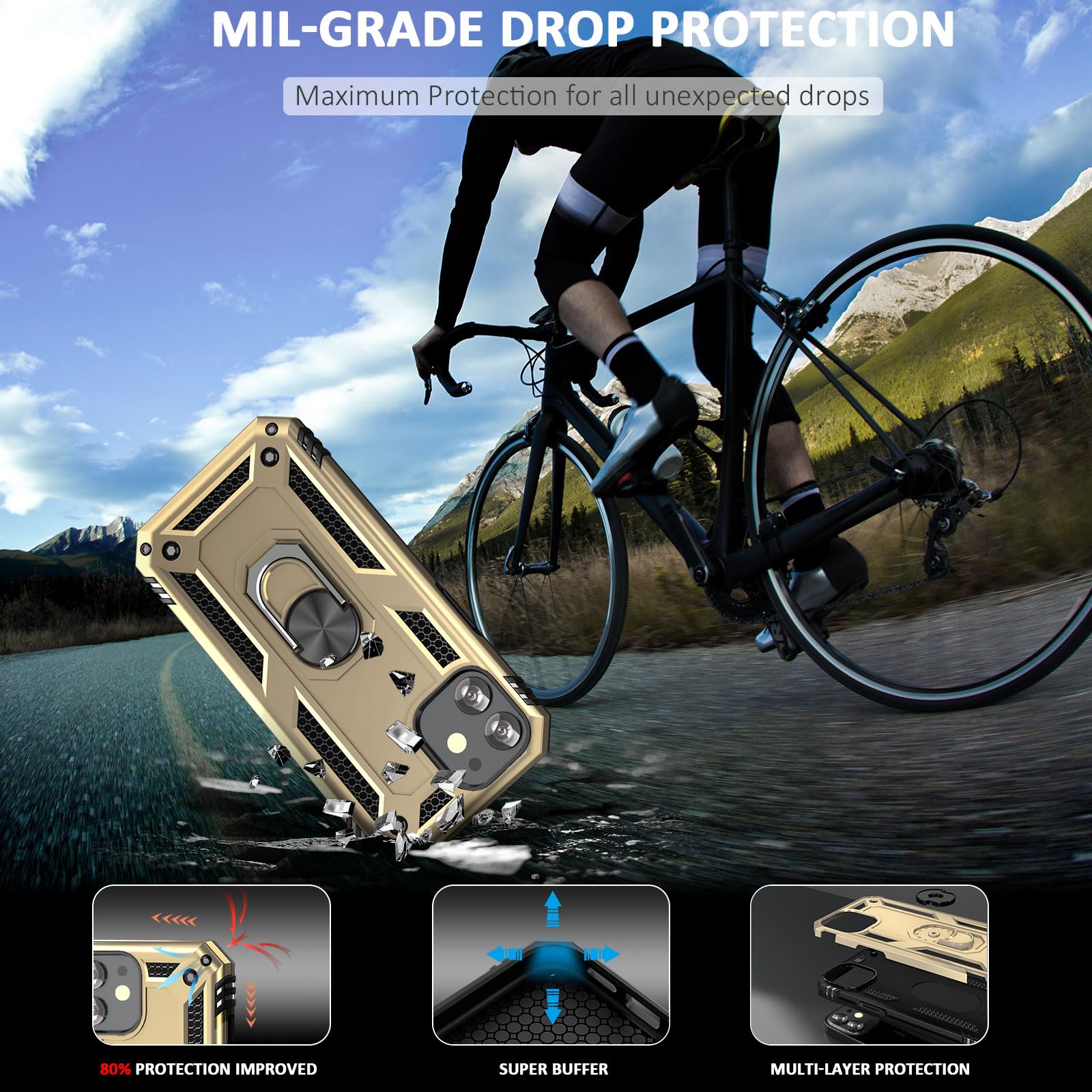 Premium ADDIT iPhone 12 Mini Case with Ring Holder Stand - Military Grade Heavy Duty Protection, Magnetic Car Mount Compatible (Gold) - Perfect for Daily Use, Travel & Hands-Free Convenience