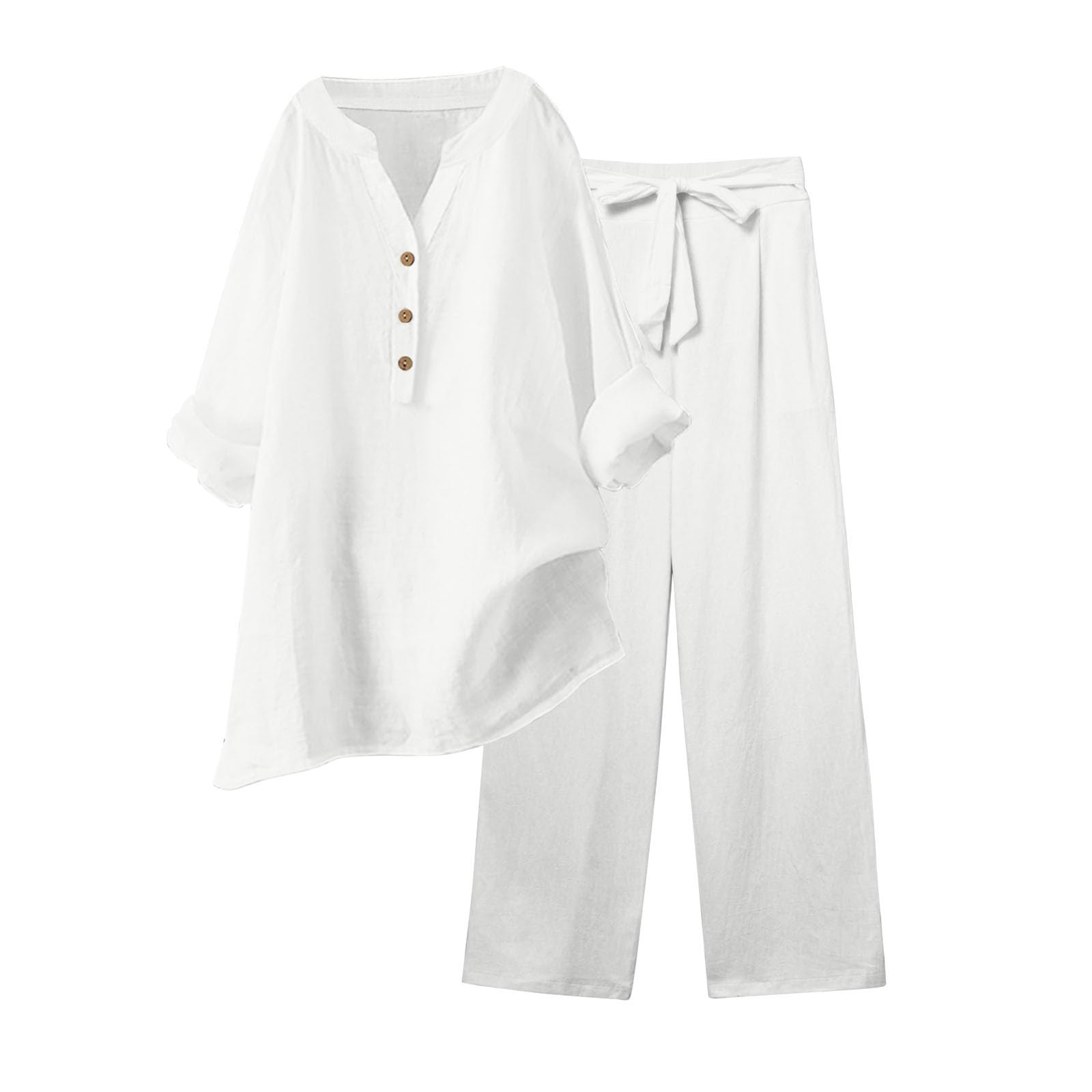 Women's 2-Piece Linen Pants Set - Casual V-Neck Button Down Shirt & High Waist Pants Outfit for Beach, Travel & Summer | Breathable Comfort Outfits for Women