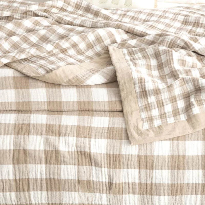 Soft & Cozy Gingham Washed Cotton Textured Throw Blanket in Tan - Lightweight Bedspread for Sofa, Bed, or Outdoor Picnics | By Renee Taylor