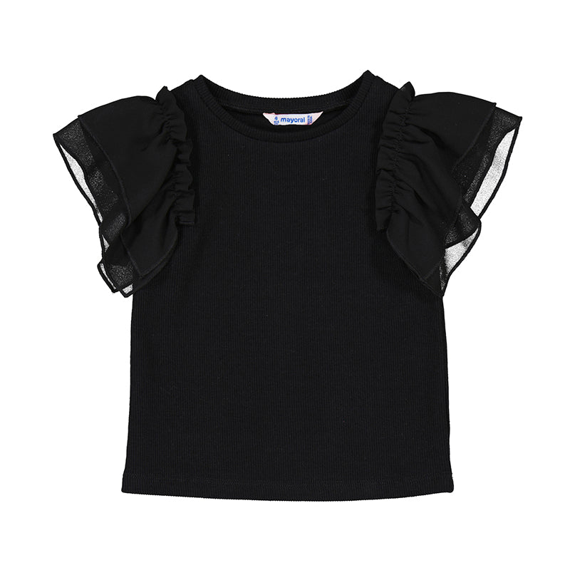 Mayoral Women's Black Ruffle Sleeve Blouse - Elegant Short Sleeve Top for Office, Date Night & Special Occasions