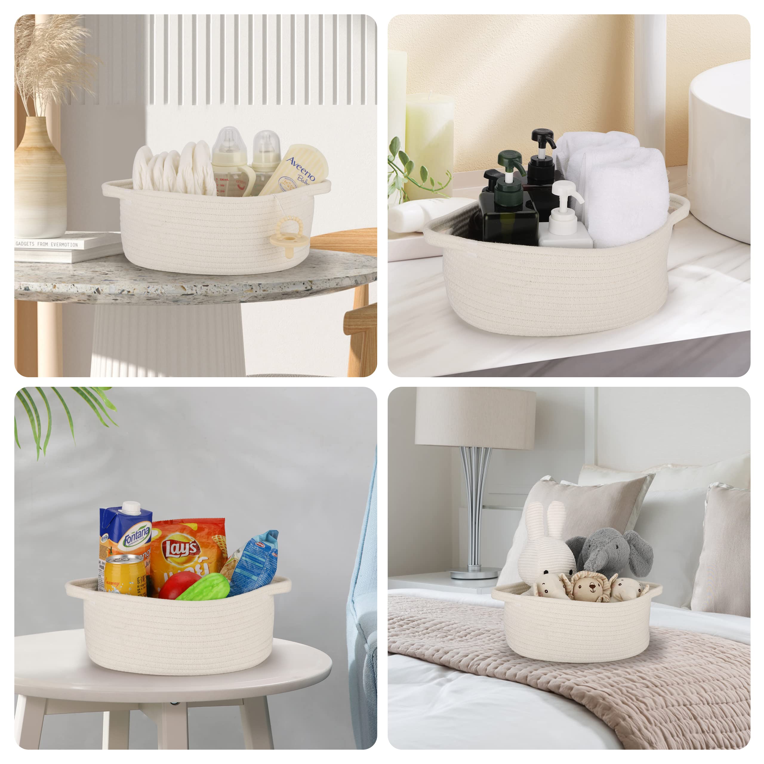 Small Woven Cotton Rope Storage Basket with Handle - Cute Oval Baby Nursery Organizer, Pet Toy Bin, Easter Basket for Home Decor & Kids Room Organization (White)