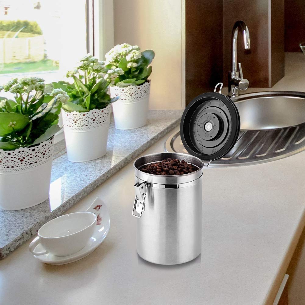 Vacuum Sealed Stainless Steel Coffee Canister - 1.8L Large Airtight Coffee Storage Container for Whole Beans & Ground Coffee - Keeps Fresh for Kitchen, Office & Camping Use (Silver)