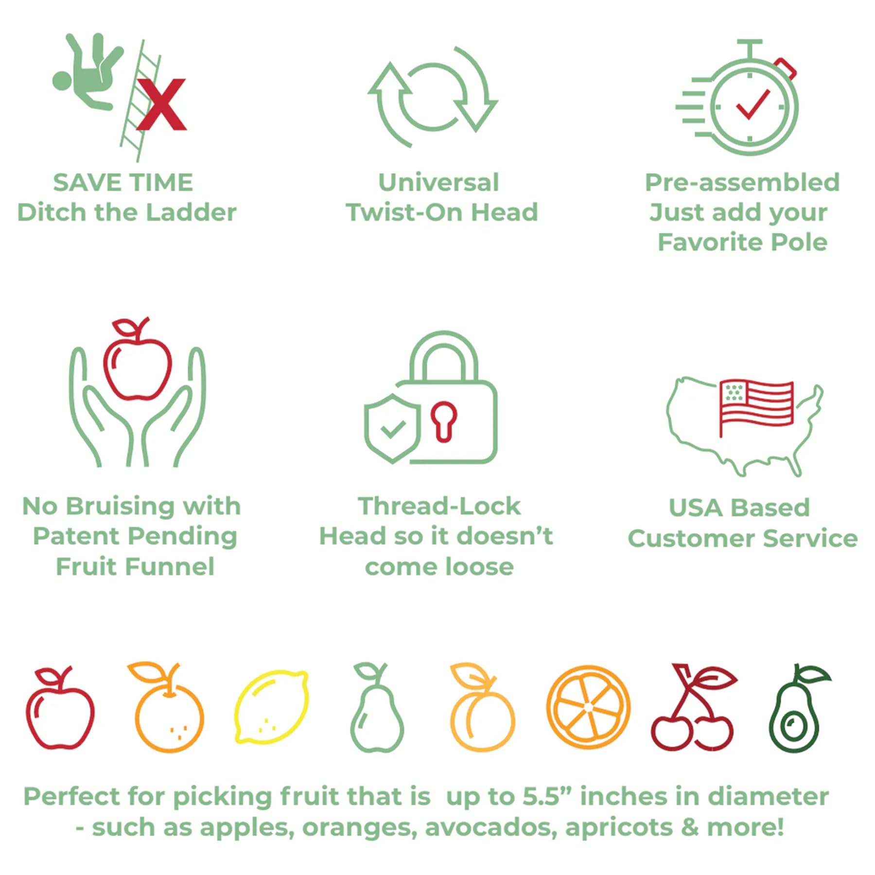 Easy Pickins EP-FH-1 Fruit Picker Basket with Funnel - Lightweight Harvesting Tool for Apples, Pears, Oranges - Perfect for Home Garden, Orchard, and Backyard Fruit Picking (Green)
