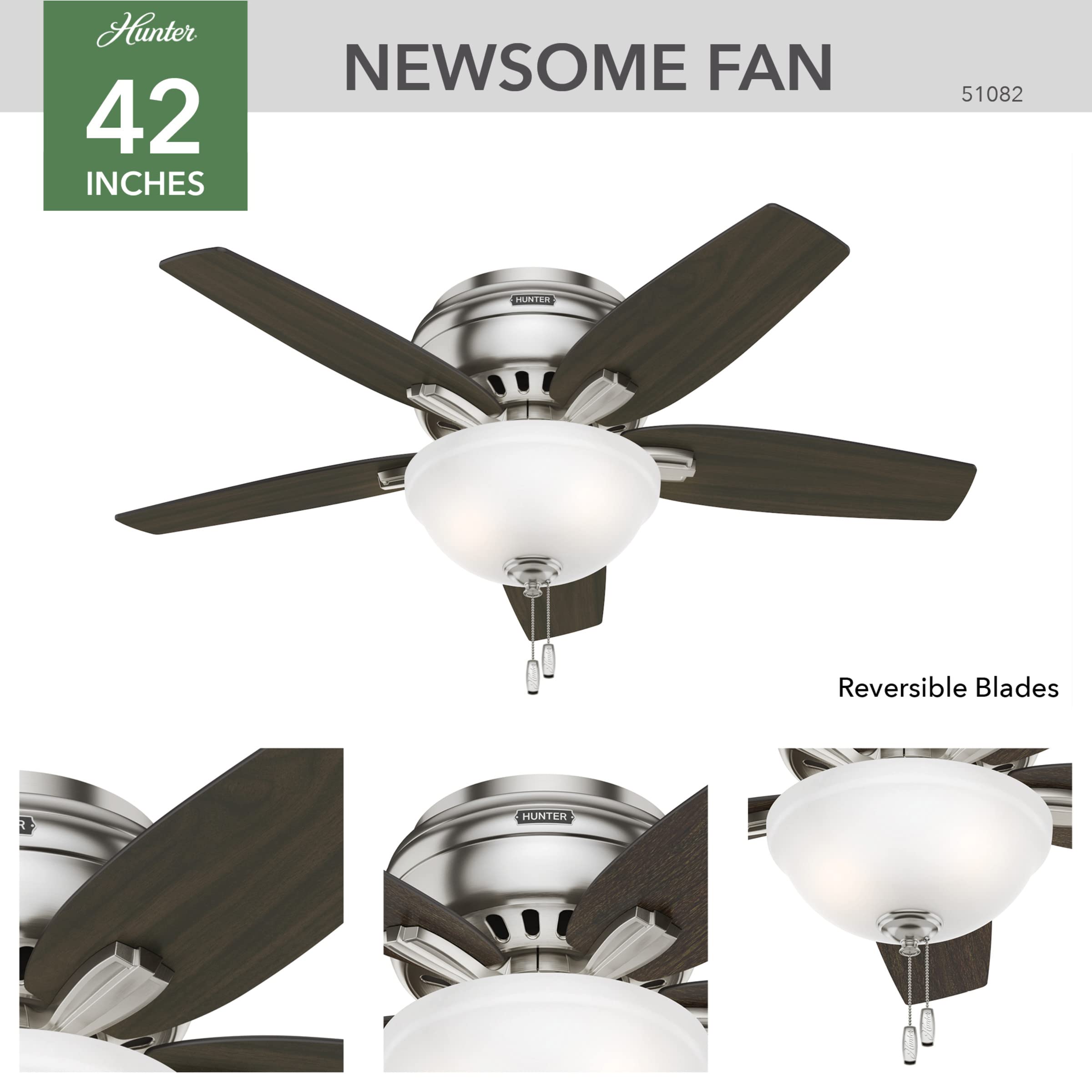 Hunter Fan Company 51082 42-Inch Newsome Brushed Nickel Low Profile Ceiling Fan with LED Light Kit and Pull Chain - Perfect for Bedrooms, Living Rooms, and Home Offices