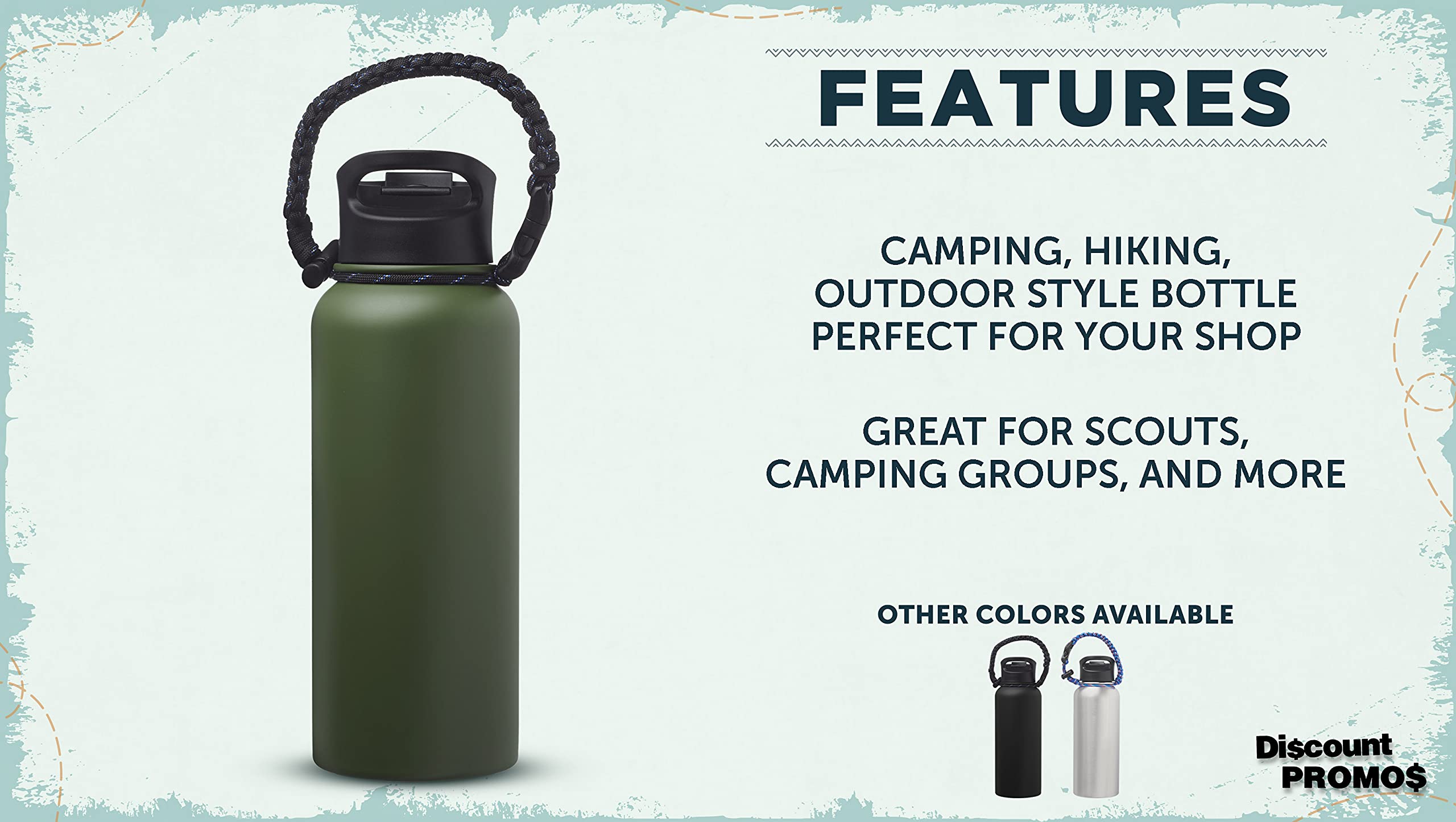 6 Pack Vulcan Stainless Steel Water Bottles 34oz - Double Wall Vacuum Insulated Army Green - Leak Proof with Strap - Perfect for Hiking, Camping & Outdoor Activities