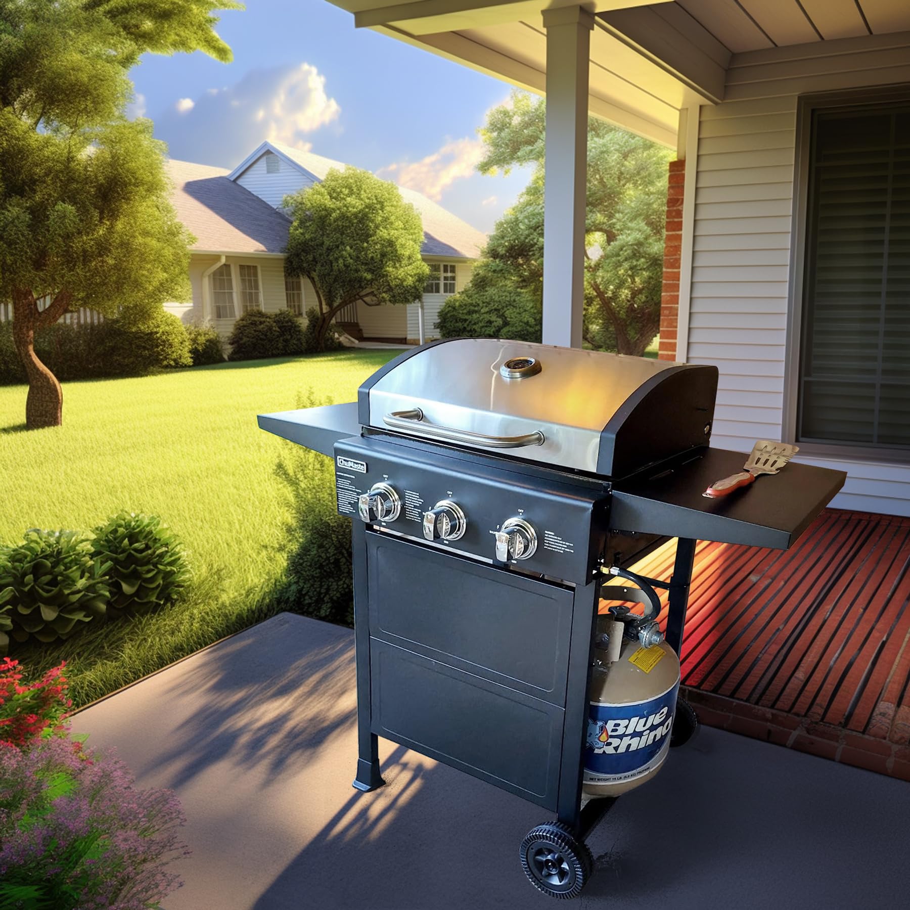 3 Burner Outdoor Propane Gas Grill - 30,000 BTU BBQ Grill with Built-In Thermometer & Foldable Side Tables - Perfect for Patio, Garden, Backyard, Camping and Tailgating Parties