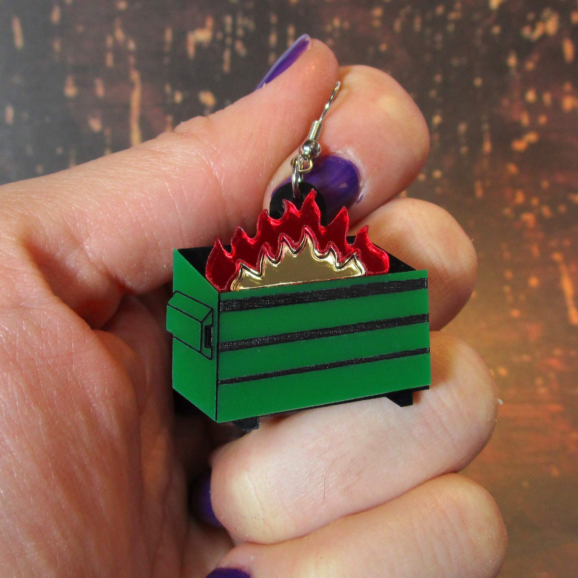 Funny Green Dumpster Fire Burning Trash Garbage Dangle Earrings - Unique Novelty Jewelry for Women - Perfect for Costume Parties, Gifts & Statement Fashion