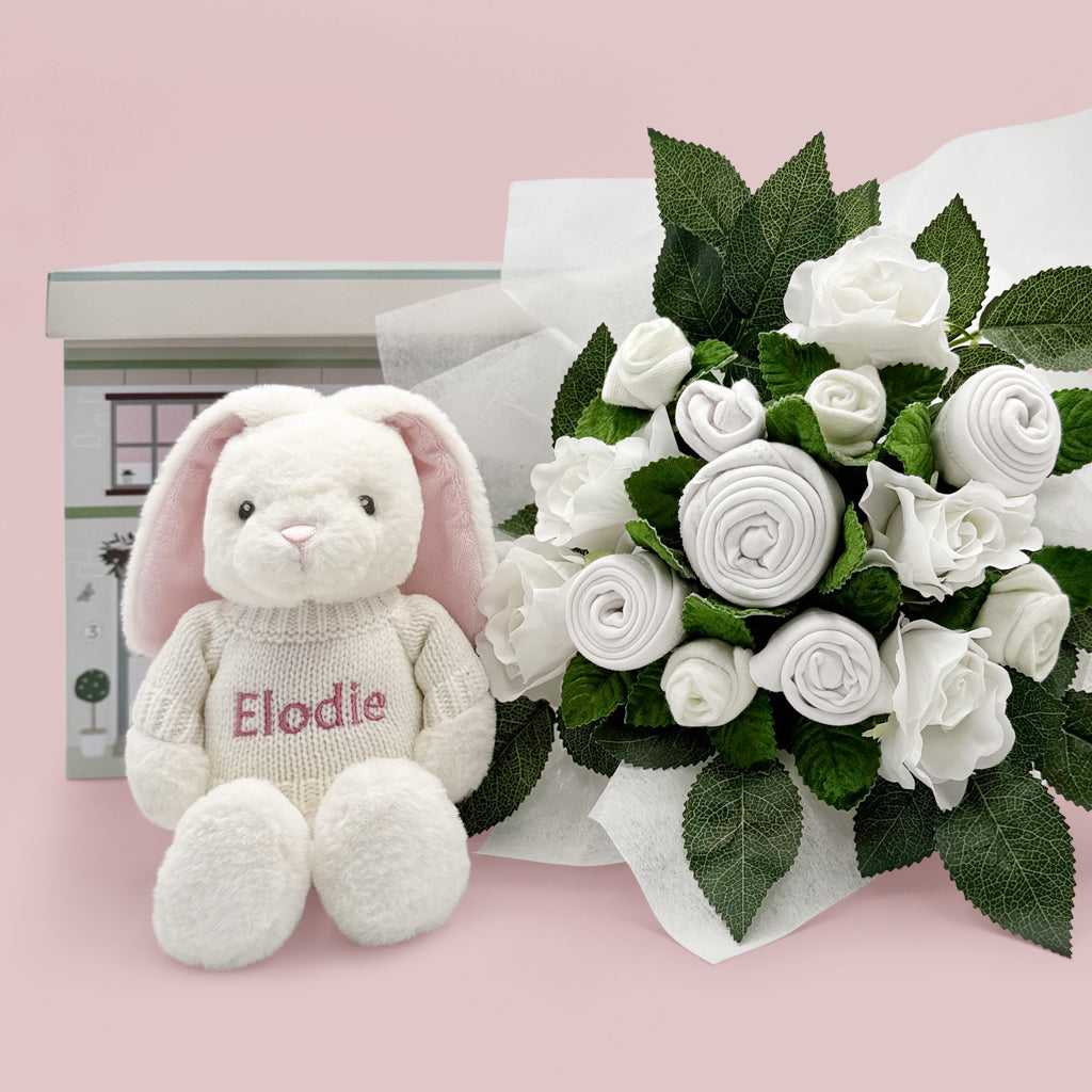Hand-Tied Baby Clothes Bouquet with Personalized Bunny Plush - Pink Baby Shower Gift for Newborn Girls | Perfect for Baby Showers, Gender Reveals & Nursery Decor