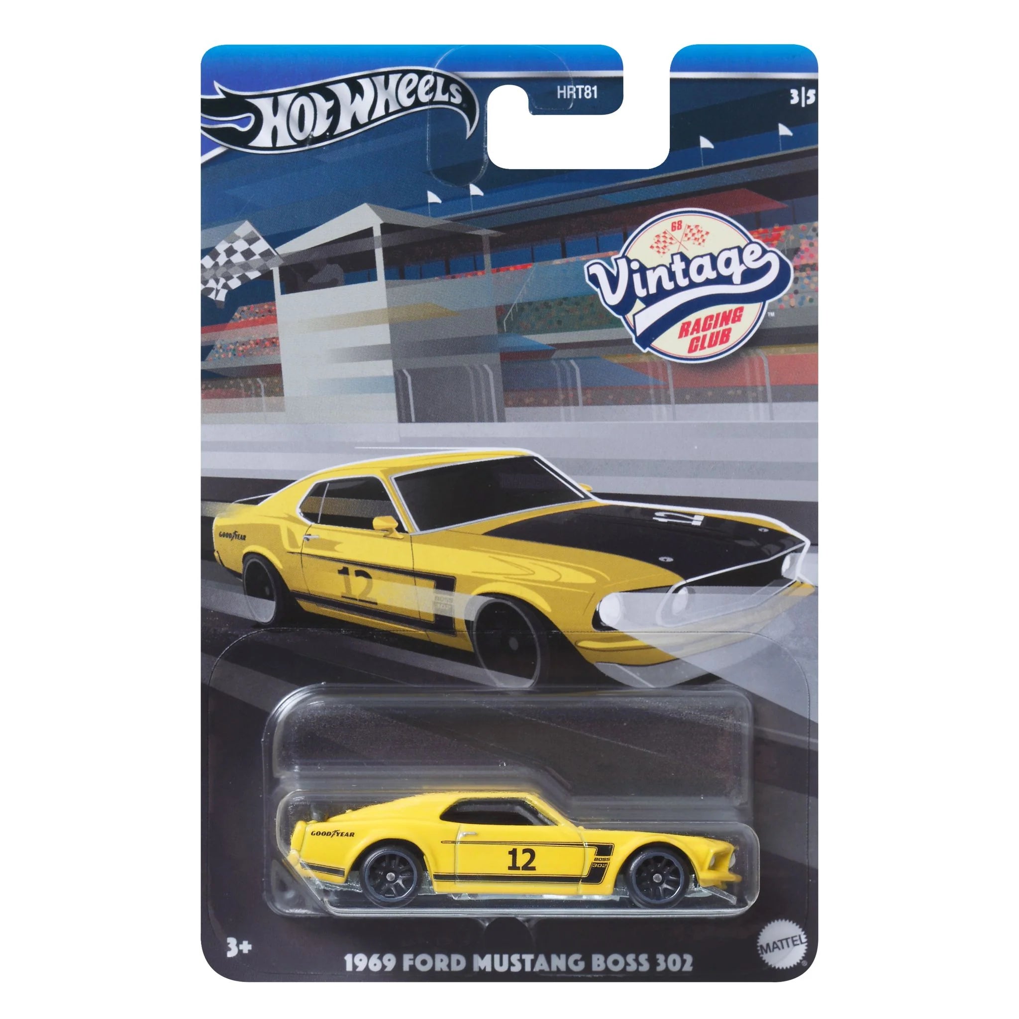 Hot Wheels Vintage Racing Club 1969 Ford Mustang Boss 302 Die-Cast Car - 1:64 Scale Collectible Model Toy for Kids & Adults - Perfect for Display, Gifts, and Racing Play Scenes