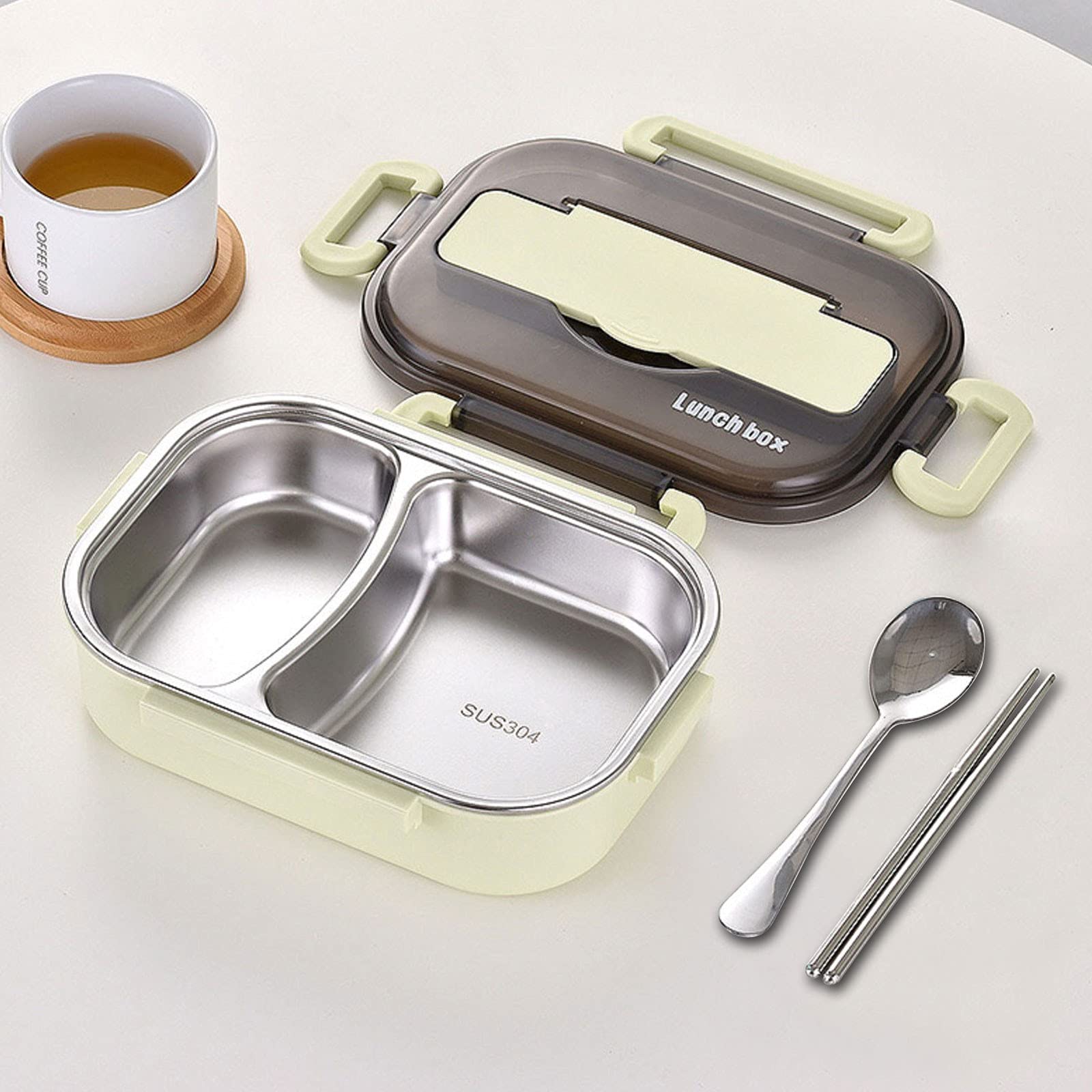 Insulated Stainless Steel Lunch Box for Kids & Students - Thermal Bento Box with 2 Compartments, Leak-Proof & Eco-Friendly (Green) - Perfect for School, Office & Picnics