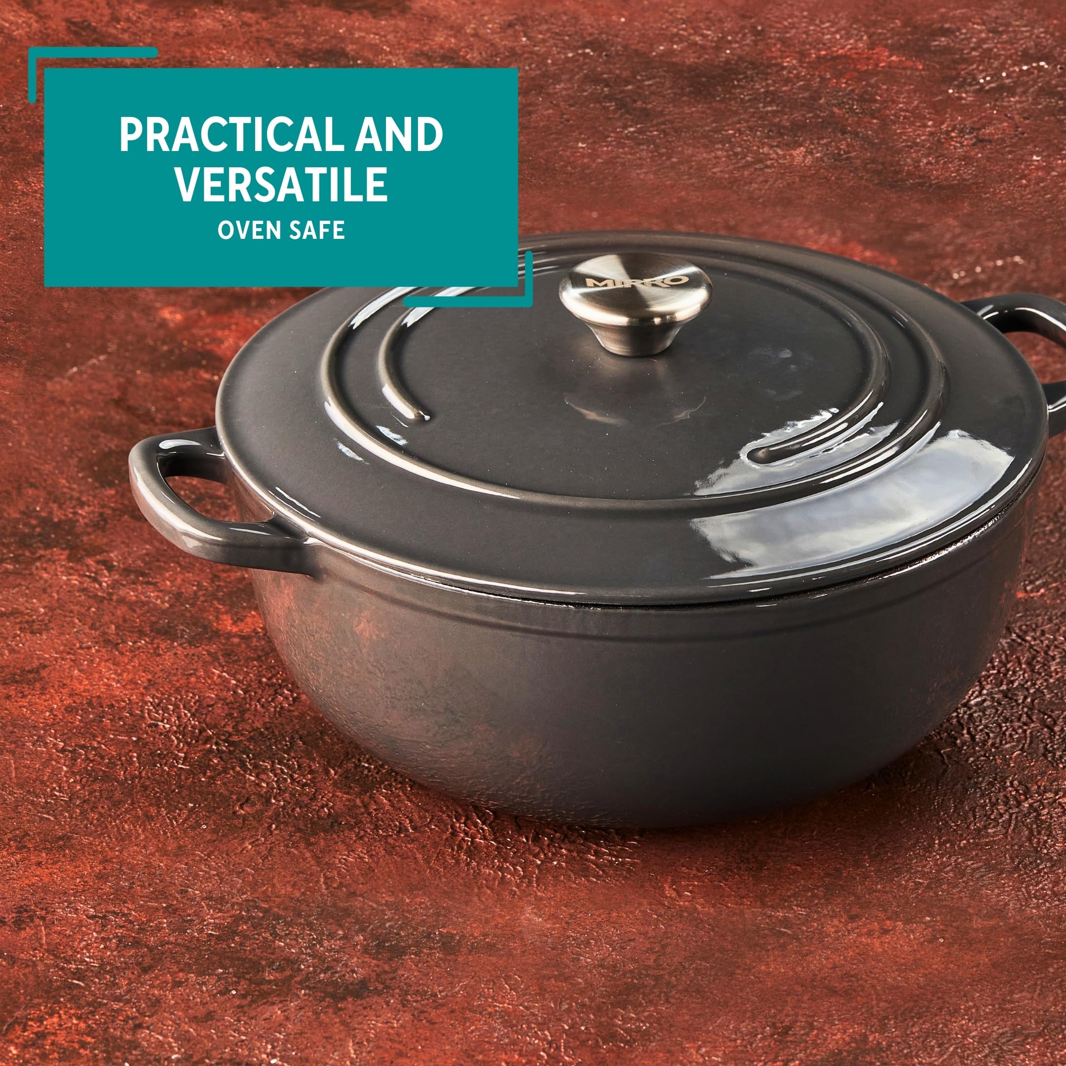 MIRRO 4.8 Quart Enameled Cast Iron Dutch Oven - Gray - Perfect for Baking, Braising, Roasting & Slow Cooking Soups, Stews & Bread