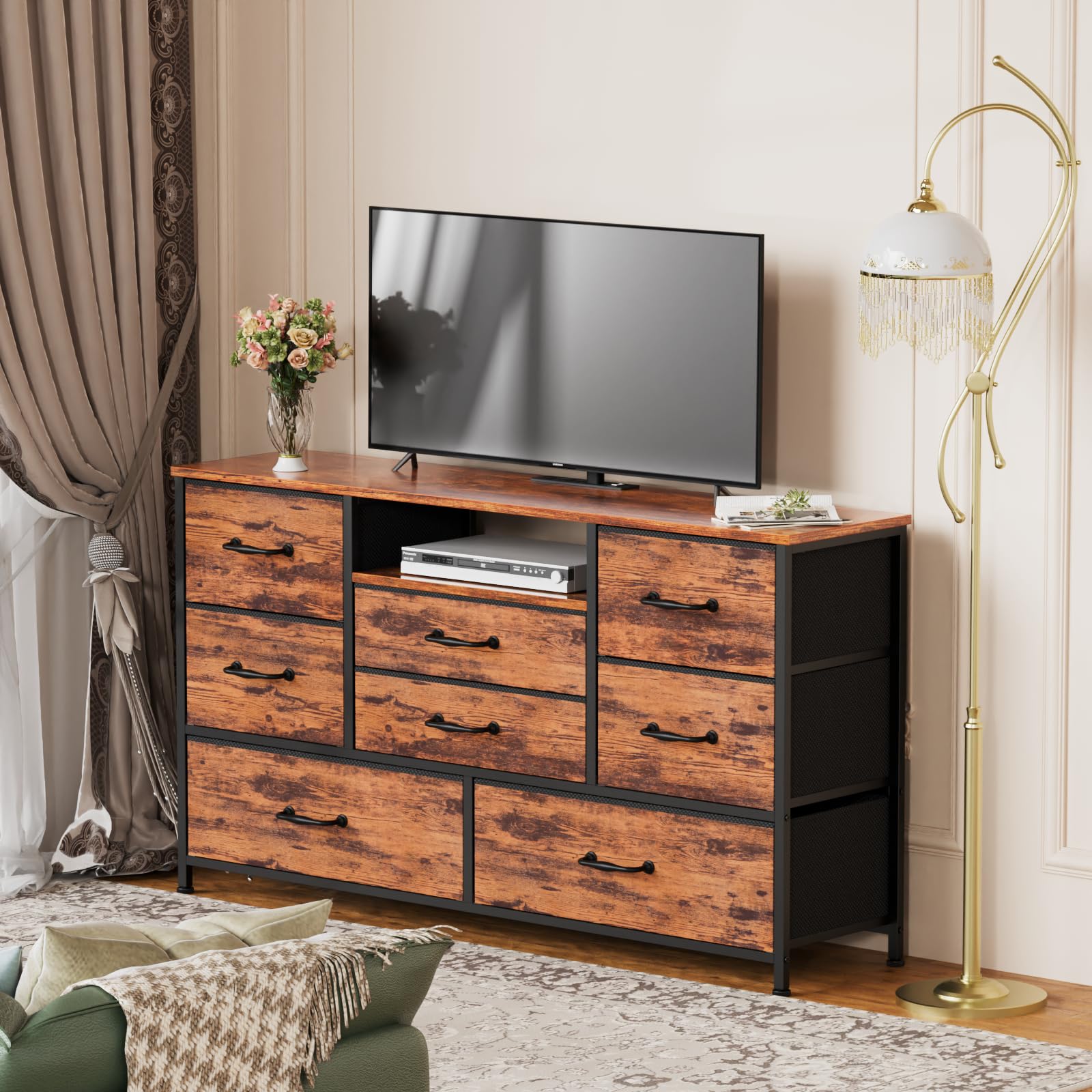 Industrial Rustic Brown 8-Drawer Dresser TV Stand with Power Outlets & Wood Top - Wide Storage Chest for Bedroom, Living Room & Closet Organization | Perfect for Small Spaces & Home Office Setup