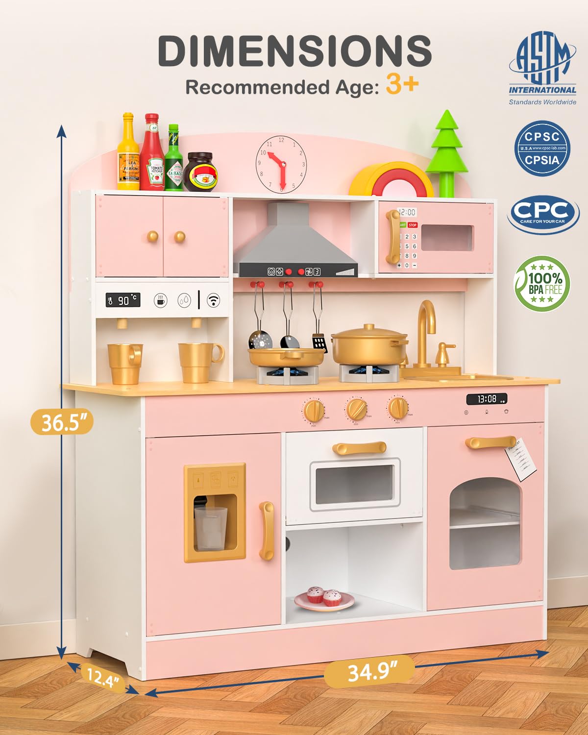 Babytronic Wooden Play Kitchen Set for Kids - Pretend Play Toy Kitchen with Lights & Sounds, Stove, Oven, Microwave & Coffee Maker Accessories - Educational Toddler Toy for Ages 3+ (Pink) - Perfect for Imaginative Play, Preschool Learning & Birthday Gifts