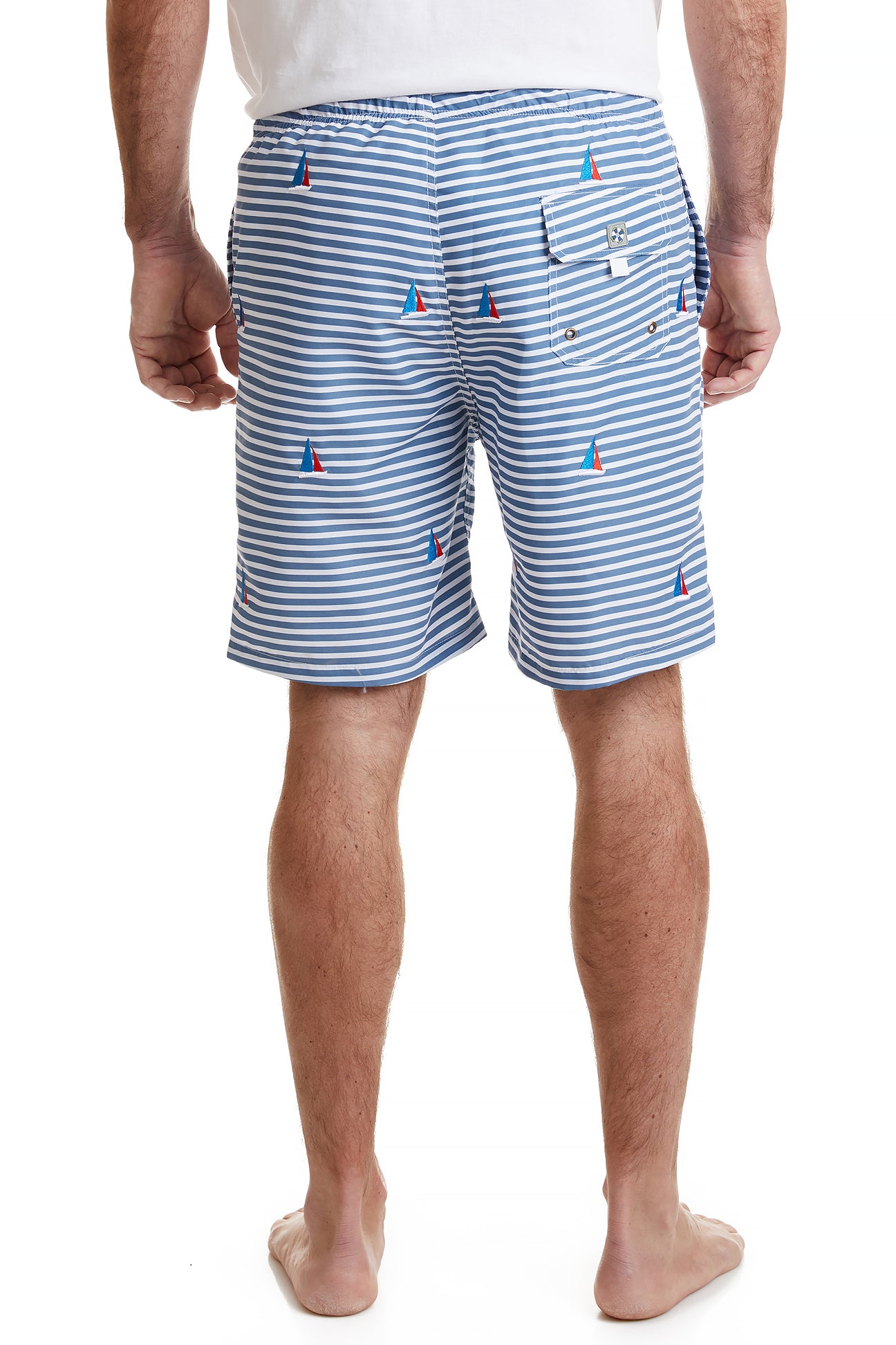 Blue Striped Sandbar Swim Suit with Americana Sailboat Print - Perfect for Beach Vacations, Pool Parties & Summer Getaways