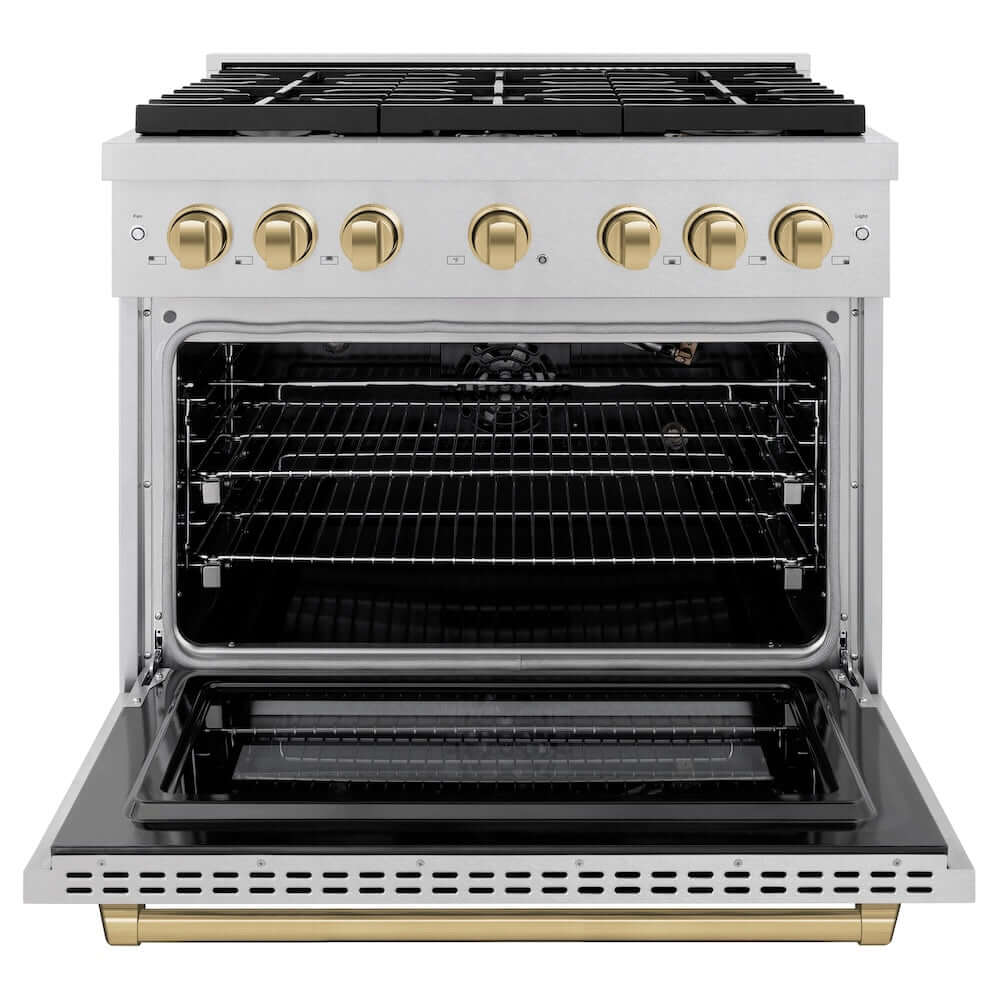 ZLINE Autograph Edition 36-inch 5.2 cu. ft. Paramount Gas Range with 6 Burner Cooktop & Convection Gas Oven - Satin Stainless Steel with Champagne Bronze Accents (SGRSZ 36 CB) - Perfect for Professional Home Chefs & Modern Kitchens