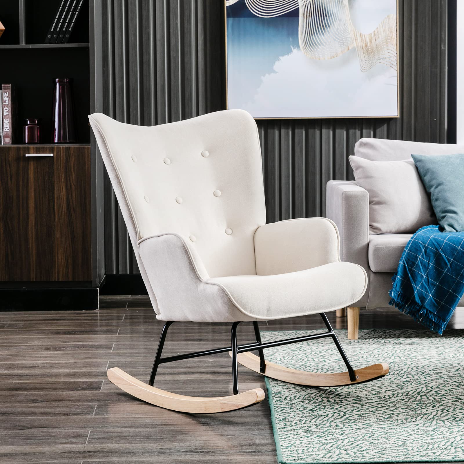 Hi&Yeah Modern Rocking Chair - Button Tufted Wingback Armchair with Solid Wood Frame & Soft Chenille Fabric, Nursery Rocker for Living Room, Bedroom or Small Spaces (Beige) | Perfect for Nursing, Reading & Relaxing in Cozy Home Spaces