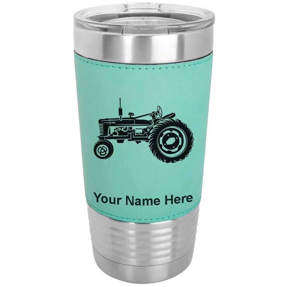 LaserGram 20oz Vacuum Insulated Stainless Steel Tumbler Mug - Custom Engraved Old Farm Tractor Design with Faux Leather Lid & Teal Finish | Perfect for Coffee, Tea, or Cold Drinks at Home, Office, or Outdoor Adventures