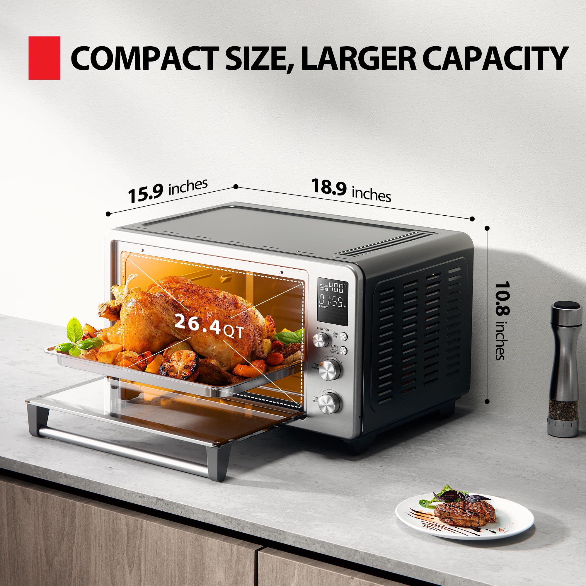 TOSHIBA ChefFry 26.4QT Large Air Fryer Toaster Oven Combo - 12-in-1 Countertop Convection Oven with Stainless Steel Finish - Perfect for Baking, Roasting, Broiling & Air Frying - Ideal for Small Kitchens, Dorms & RV Cooking