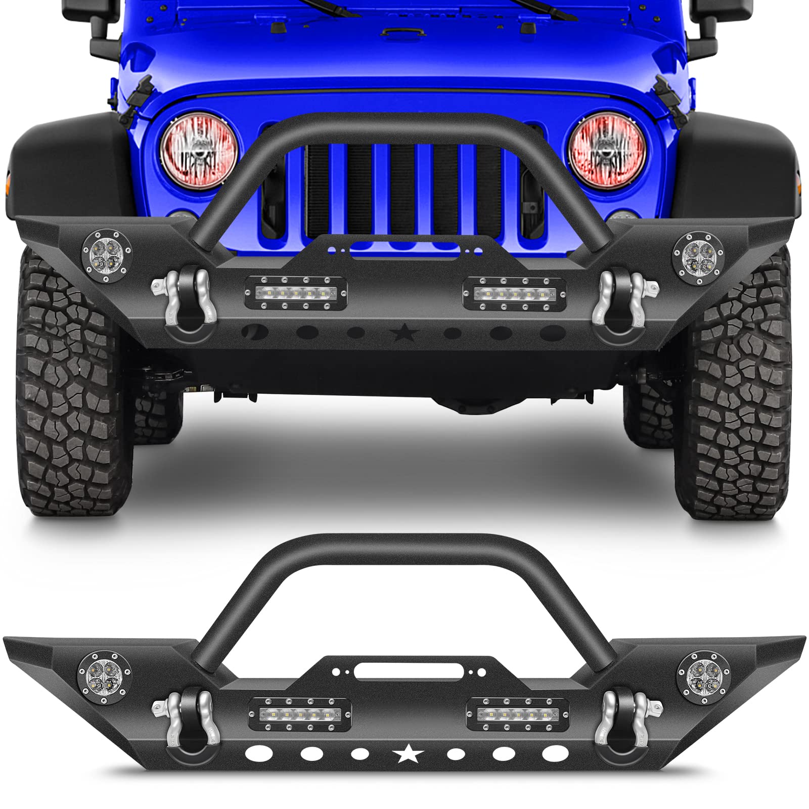 ECCPP Front Bumper for 2007-2018 Jeep Wrangler JK - Textured Black with D-Ring, LED Lights & Winch Plate | Off-Road Protection & Style Upgrade for Jeep Adventures
