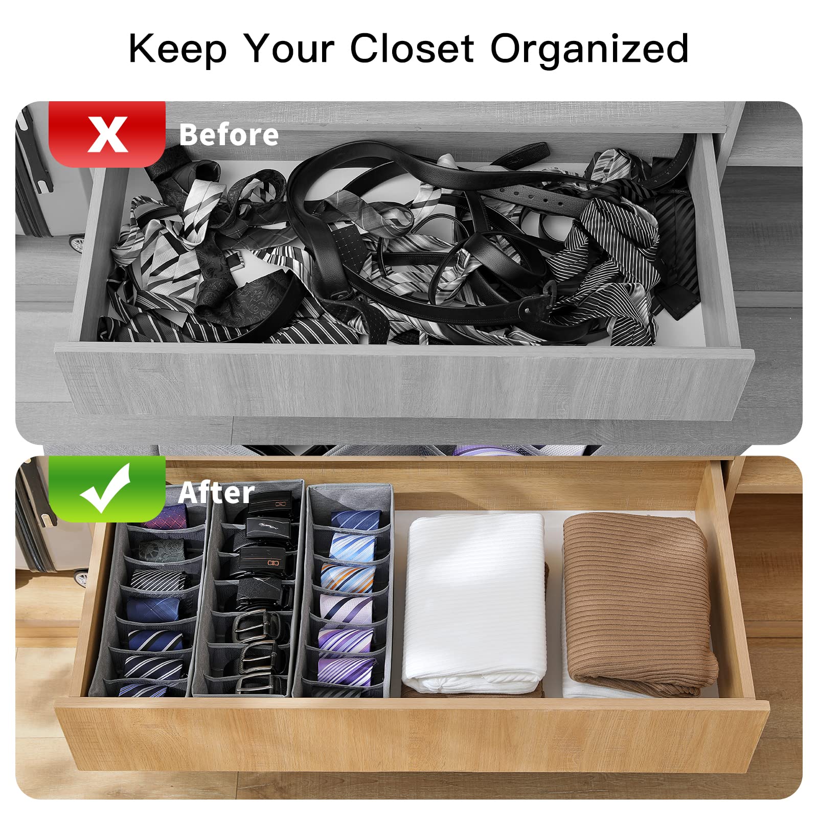Qozary 3-Pack Fabric Belt Organizer - 7 Grids Foldable Tie Holder for Closet & Drawer Storage | Perfect for Travel, Office & Home Organization