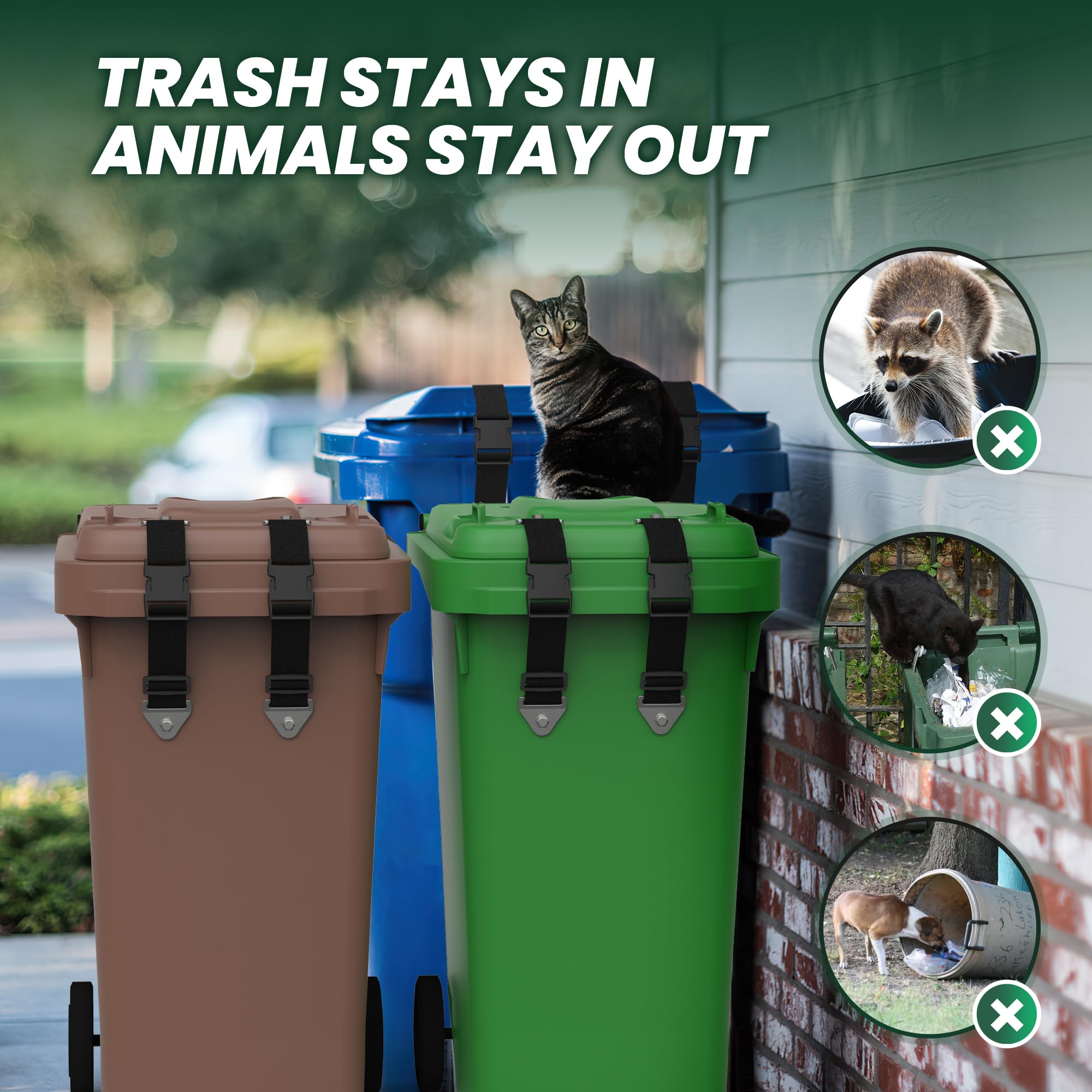 2PCS Adjustable Bear Proof Trash Can Locks - Heavy Duty Outdoor Garbage Bin Straps to Keep Out Raccoons & Animals, Universal Fit for Multiple Can Sizes, Odor Control Solution - Perfect for Camping, Backyard & Wildlife Areas