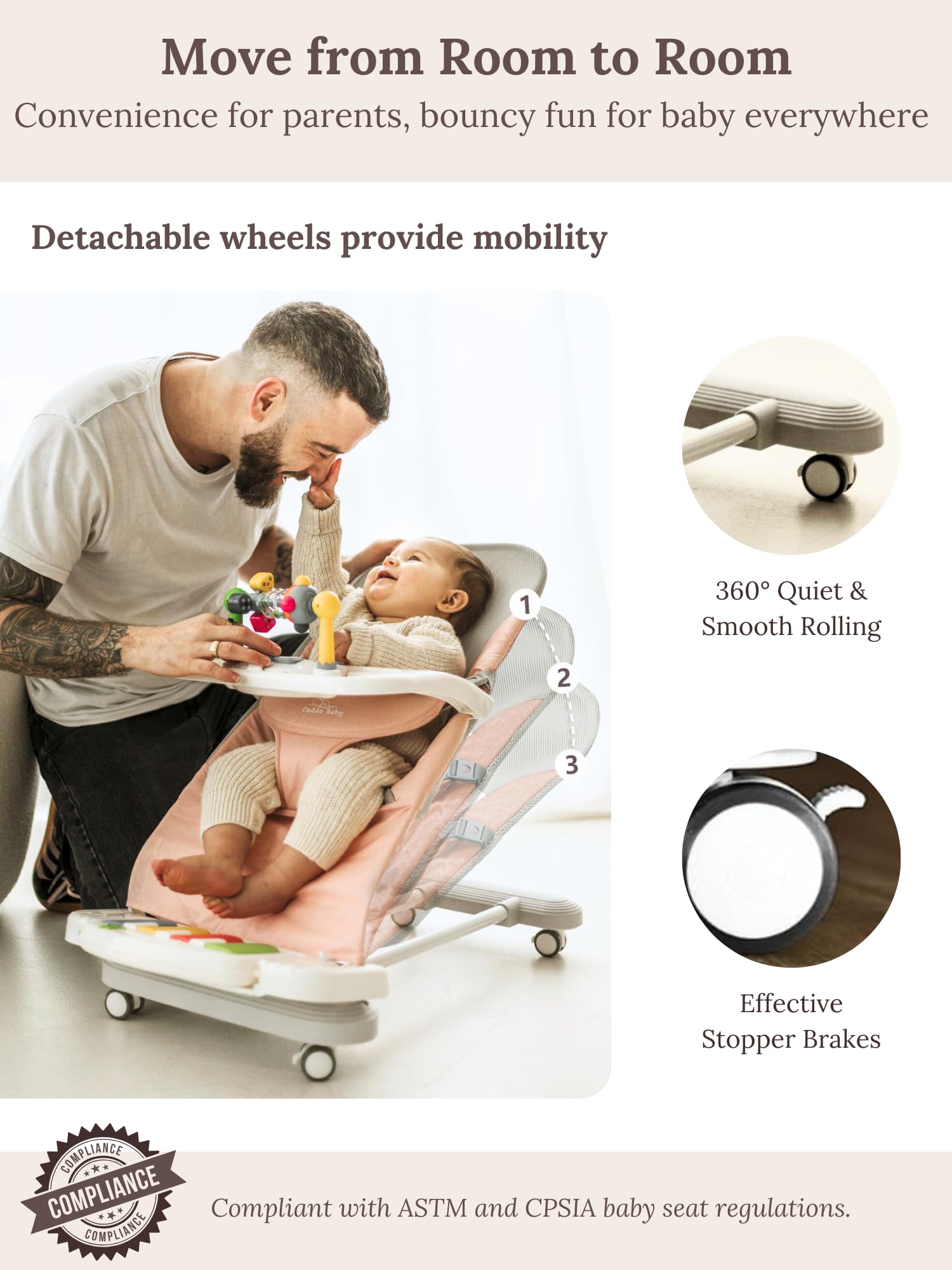 CuddoBaby 4-in-1 Baby Bouncer with Wheels - Detachable Piano, Feeding Tray & Play Bar - Thick Base & 3-Level Recline - Portable Infant Seat for Newborn to Toddler (0-24 Months, Up to 29Lbs) - Blue - Perfect for Playtime, Feeding & Napping at Home or Travel