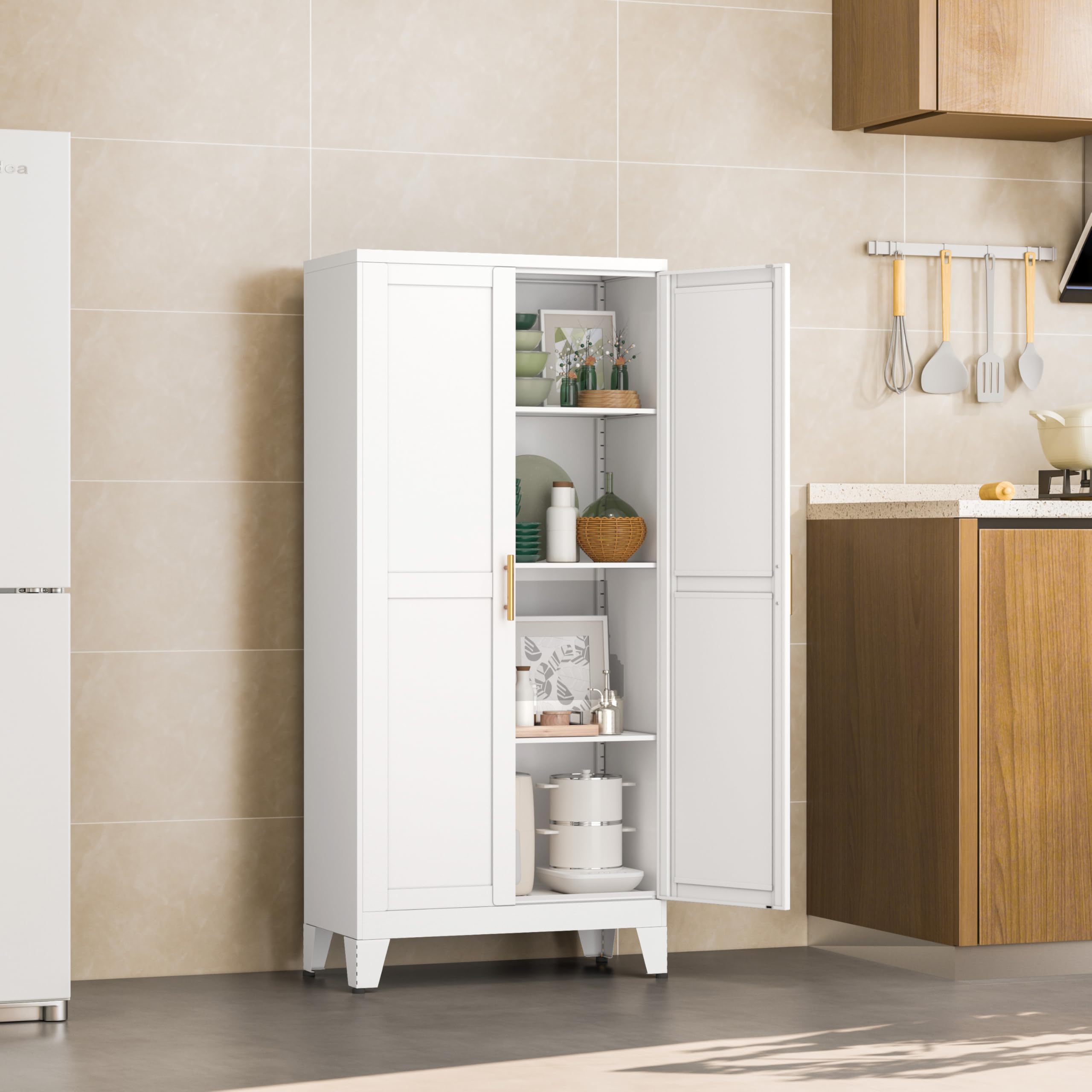 White Metal Pantry Cabinet with 2 Doors & Adjustable Shelves - Kitchen Storage Cabinet with Gold Handles for Laundry, Living Room, Bathroom & Dining Room - Perfect for Organizing Spices, Linens & Household Items