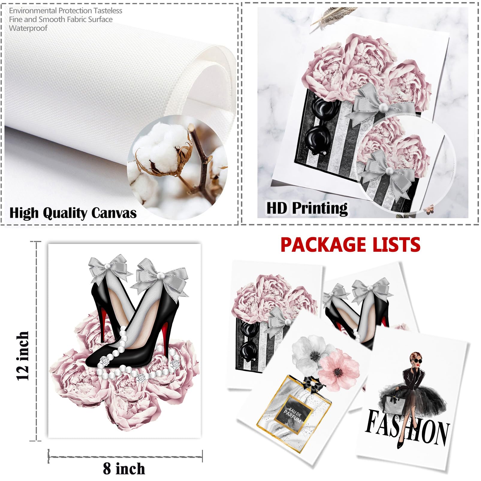Stylish Pink and Gray Fashion Wall Art Prints - 8x12'' Unframed Canvas Decor for Bedroom, Living Room & Office | Perfume, High Heels & Floral Design Aesthetic