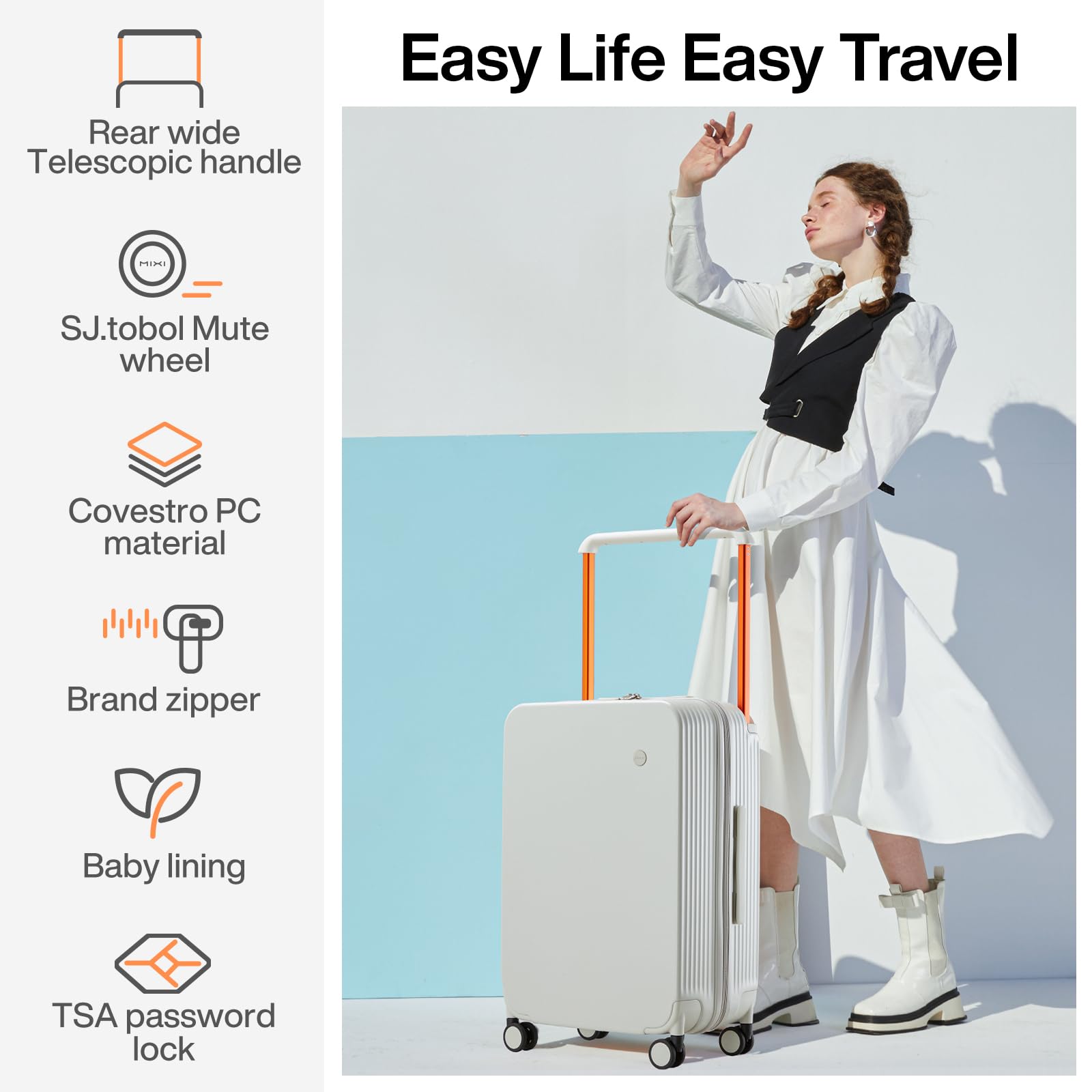 Mixi 20 Inch Carry On Luggage - Airline Approved Lightweight PC Hard Shell Suitcase with Spinner Wheels, TSA Lock & Wide Handle (Smoke White) - Perfect for Business Travel, Weekend Getaways & Airplane Cabins