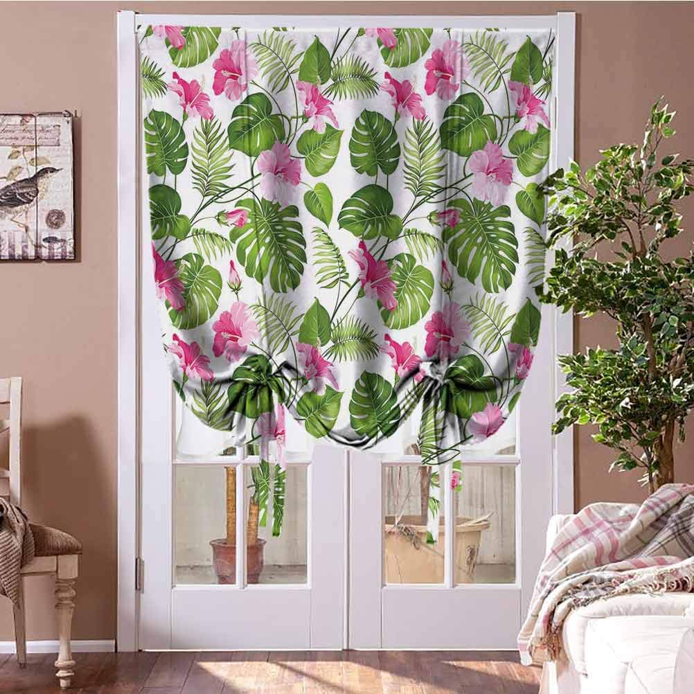 Blackout Curtains 48x72 Inches - Hawaiian Hibiscus & Palm Tree Leaves Print in Light Pink & Dark Green | Roman Window Shades for Bedroom, Living Room, Nursery | Light Blocking, Noise Reducing, Thermal Insulated
