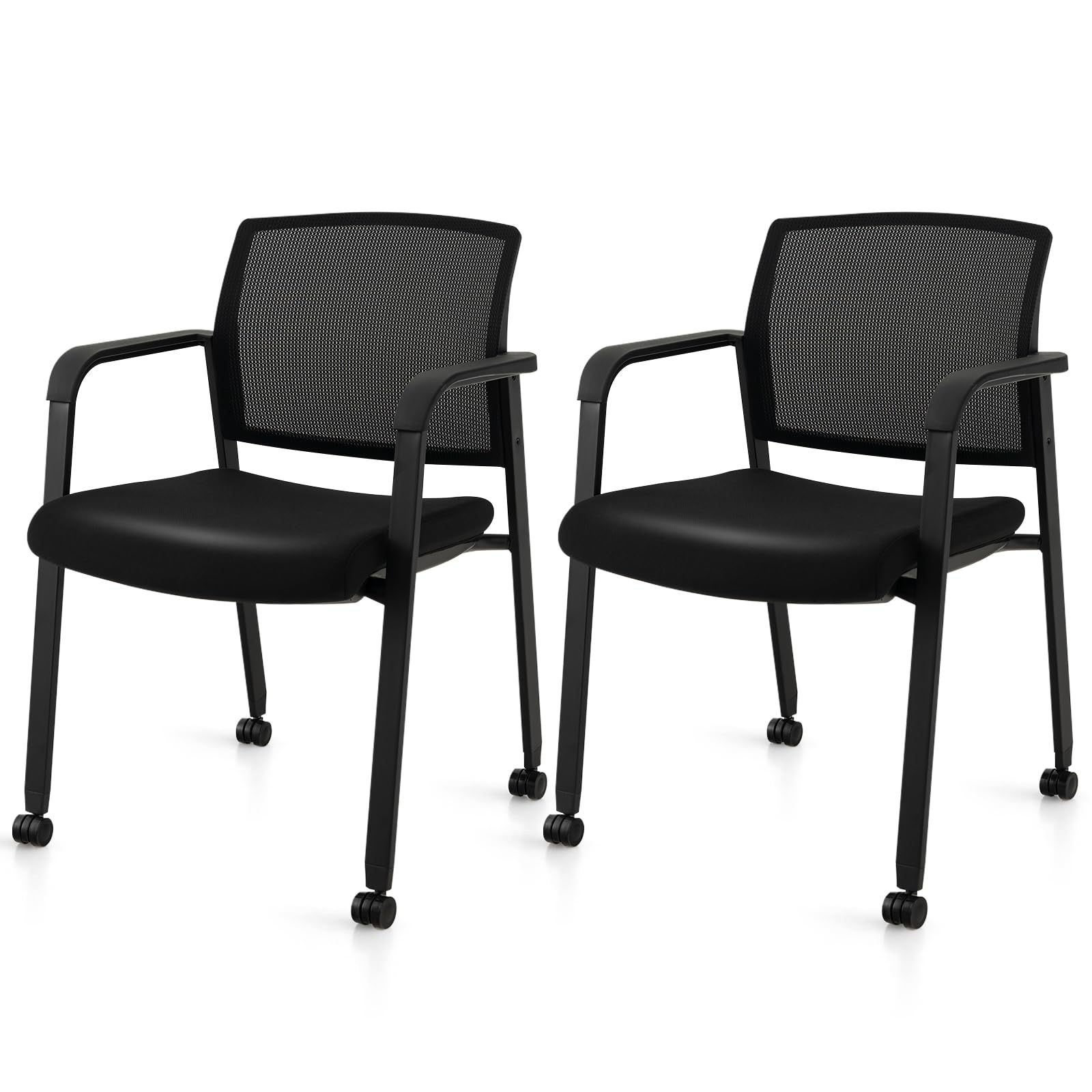 Tangkula 2-Pack Rolling Conference Room Chairs - Stackable Office Guest Chairs with Breathable Mesh Back, Adjustable Armrests & Smooth PU Wheels - Perfect for Business Meetings, School Classrooms, Hotel Lobbies & Waiting Areas - Black
