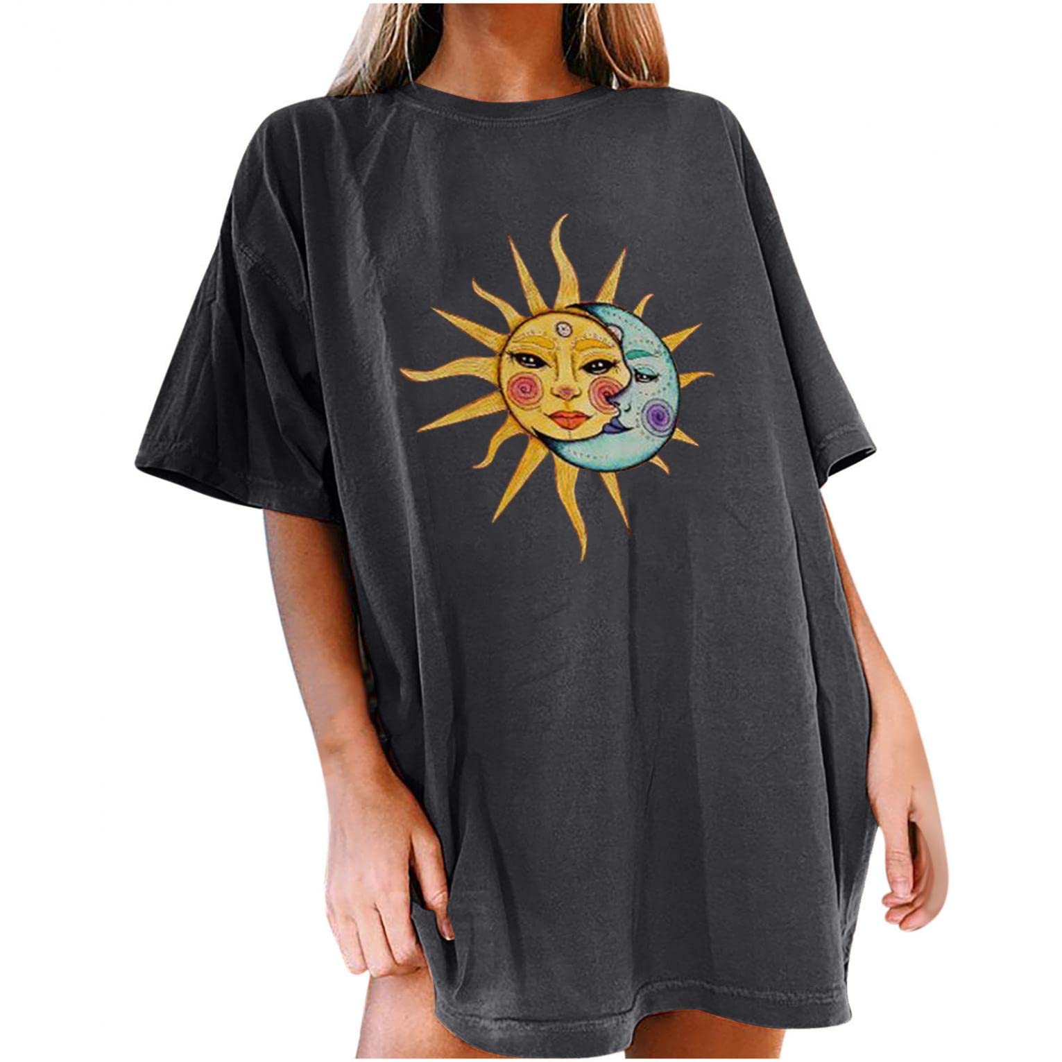 Women's Sun Moon Printed Oversized Tops - Casual Short Sleeve Crewneck Tee Blouses for Teen Girls | Dressy & Casual Style | Perfect for Summer Outings, Beach Days and Music Festivals