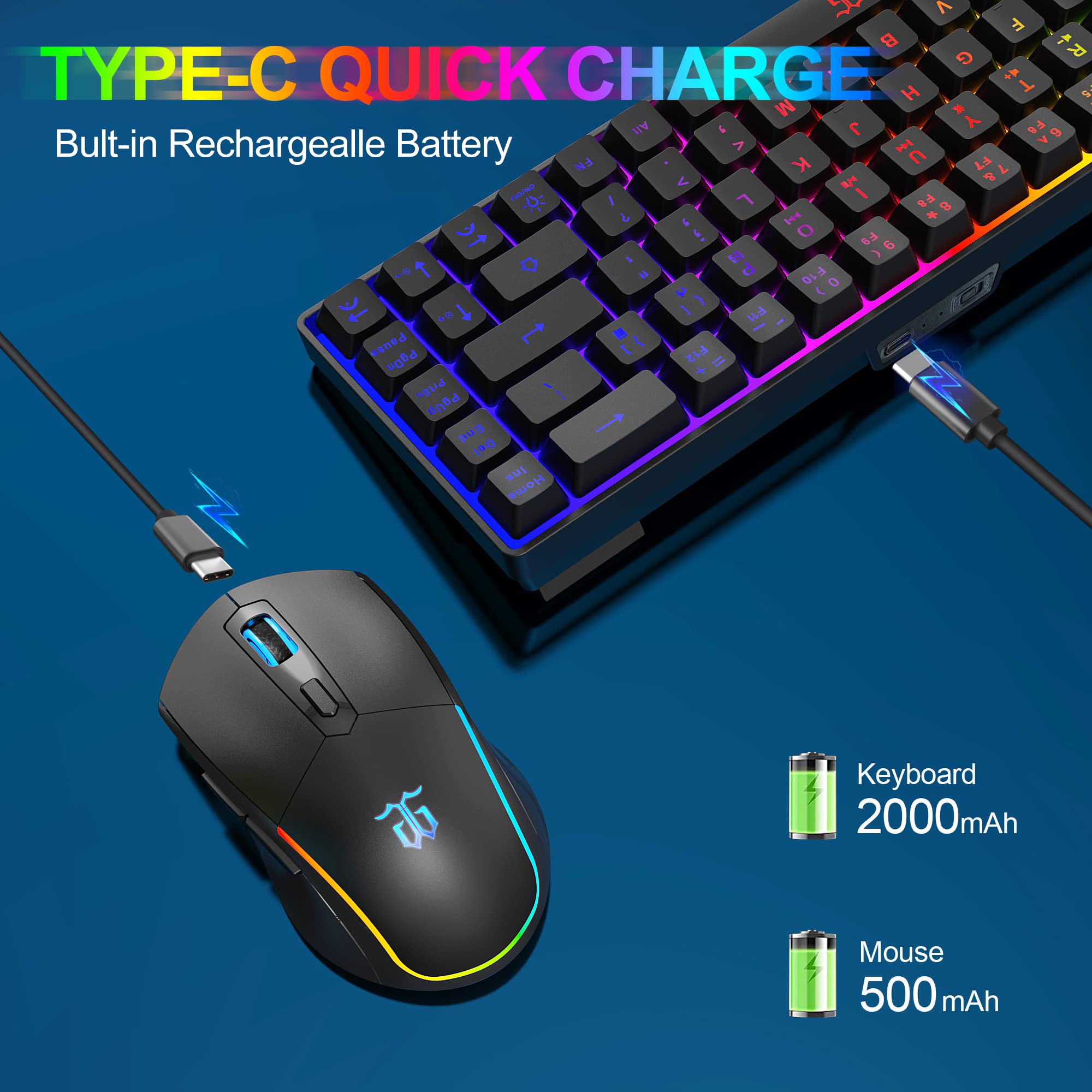 SNPURDIRI 60% Wireless Gaming Keyboard and Mouse Combo - LED Backlit 68-Key Compact Mechanical Keyboard for PC, Mac, Laptop - Perfect for Gaming, Office Work & Home Use
