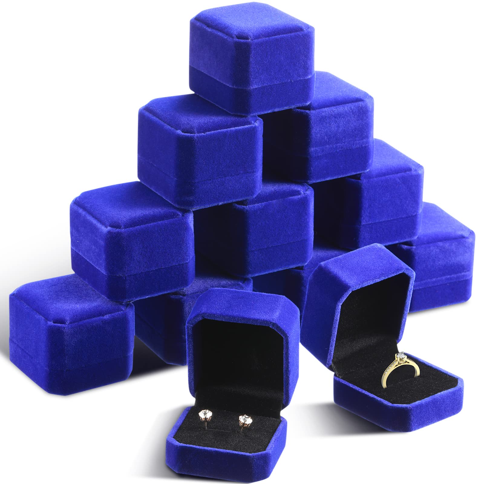 Junkin 24-Piece Velvet Ring Box & Earring Jewelry Display Case - Wedding, Engagement, Birthday, Proposal, Anniversary Gift Box (Blue) - Perfect for Jewelry Storage, Bridal Showers, and Gift Presentation