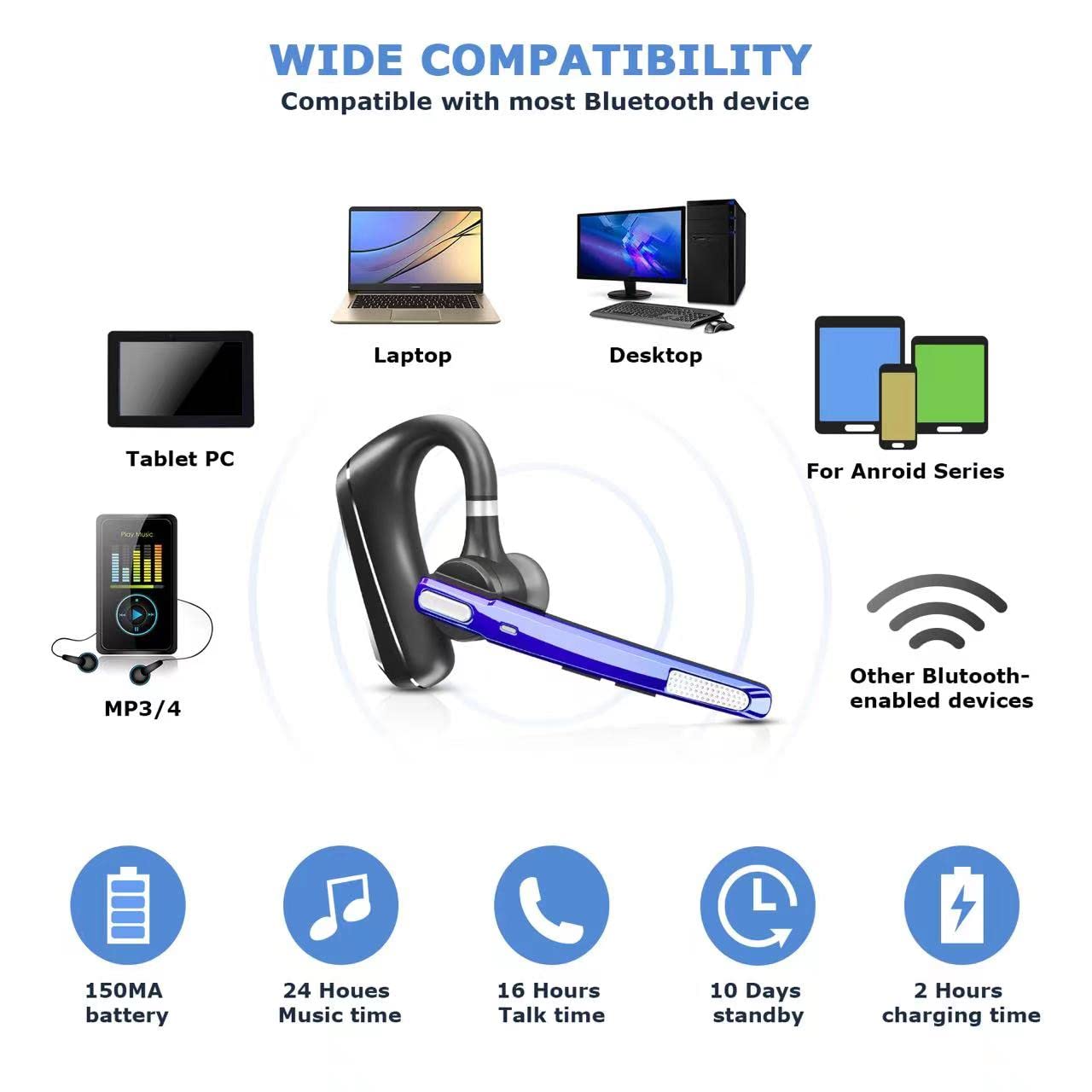 Wireless Bluetooth Headset V5.0 with 24Hrs Battery Life, HD Calling & CVC8.0 Dual Mic Noise Cancellation - Hands-Free Bluetooth Earpiece for Driving, Business, Office (Blue) | Perfect for Conference Calls, Commuting & Remote Work