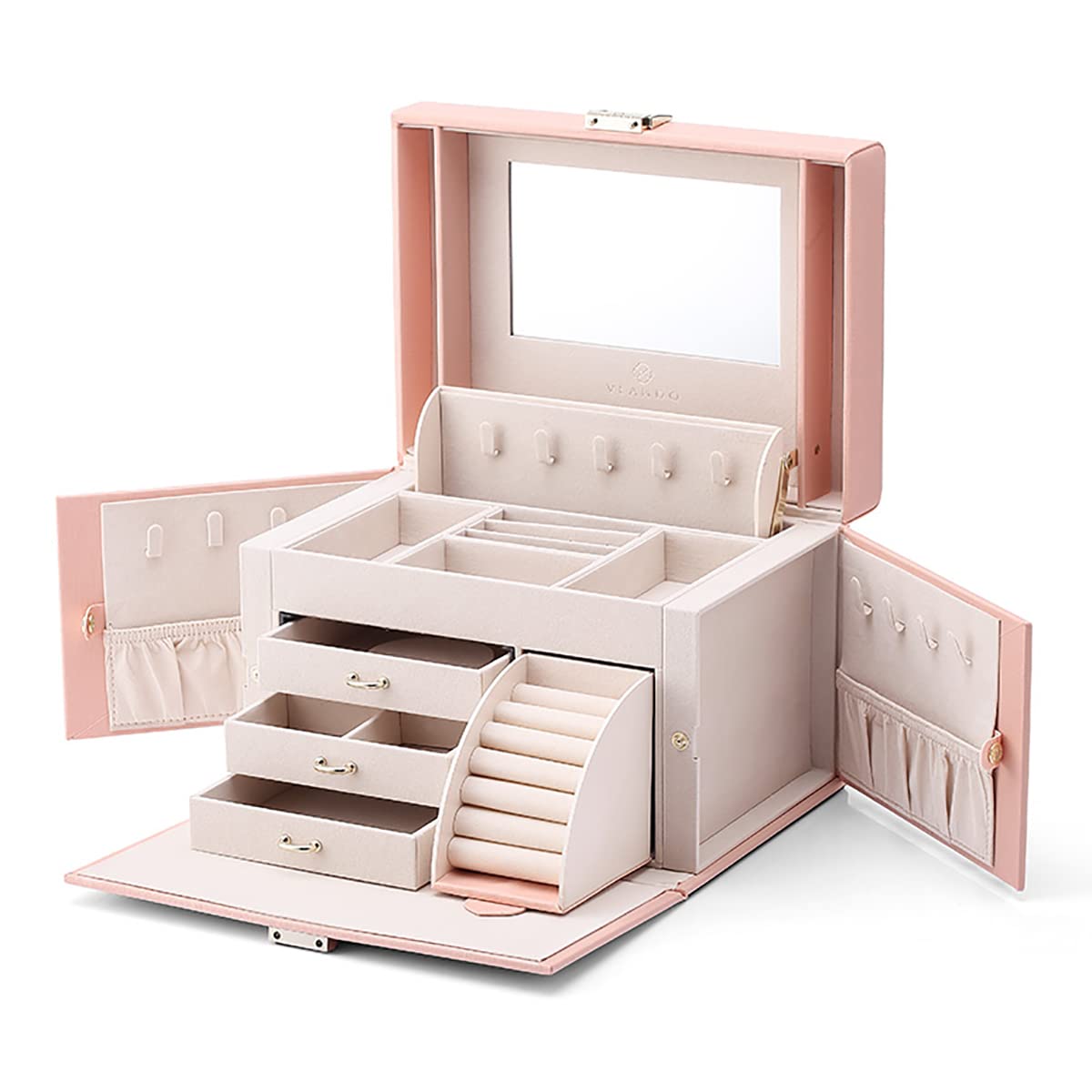 Vlando Leather Jewelry Box Organizer - Mirror Jewelry Storage Case for Necklaces, Earrings, Rings & Bracelets - Pink Jewelry Organizer for Dresser, Vanity & Travel - Perfect Gift for Women & Girls