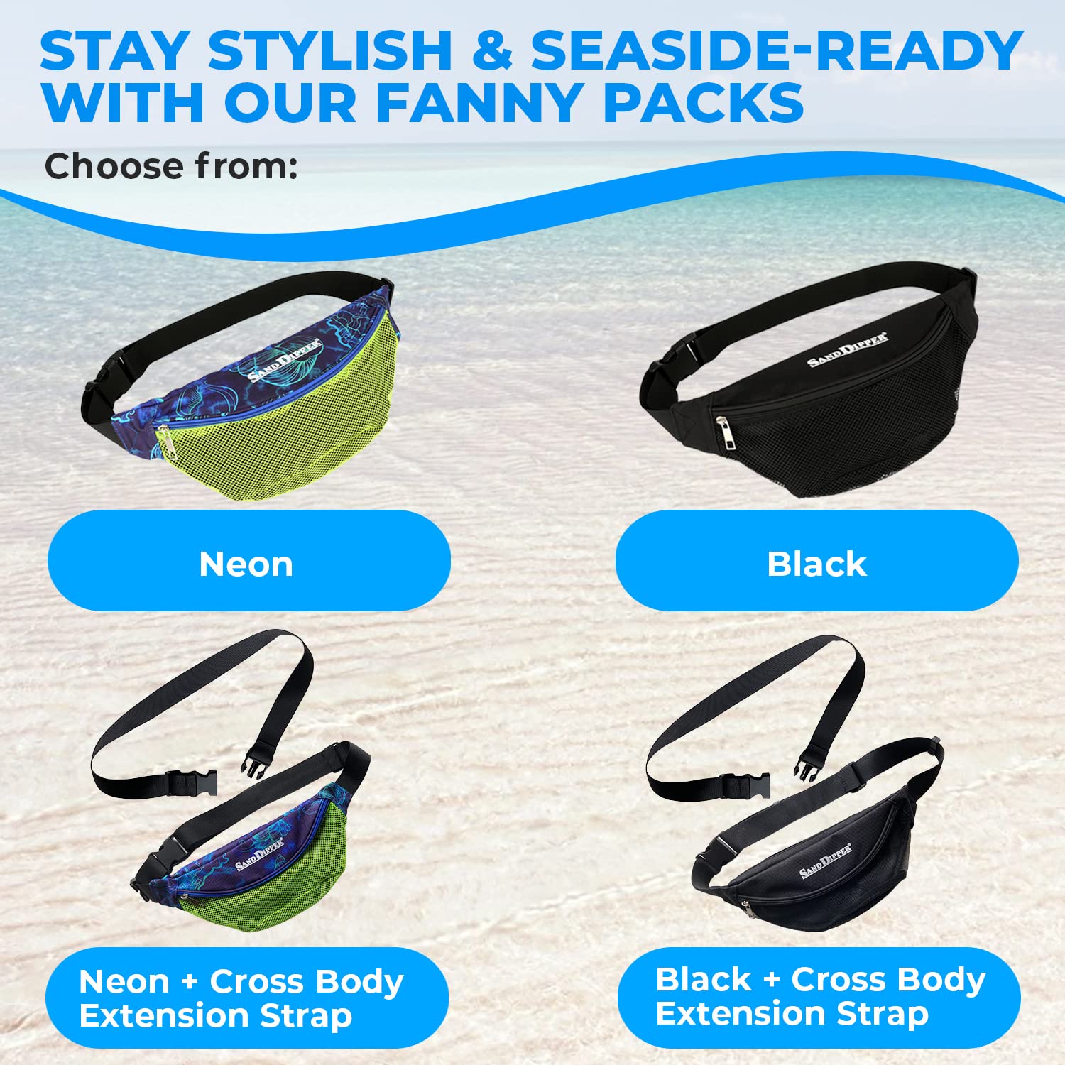 Sand Dipper Seashell Fanny Pack for Women & Men - Adjustable Waist & Crossbody Beach Bag with Front Mesh & Hidden Zipper Pockets - Perfect for Shell Collecting, Beachcombing & Outdoor Adventures - Neon Color