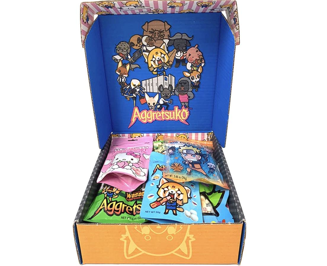 Sanrio Hello Kitty Aggretsuko Japanese Snack Box - Assorted Candy & Ramune Soda - Perfect for Anime Lovers, Gift Giving & Themed Parties