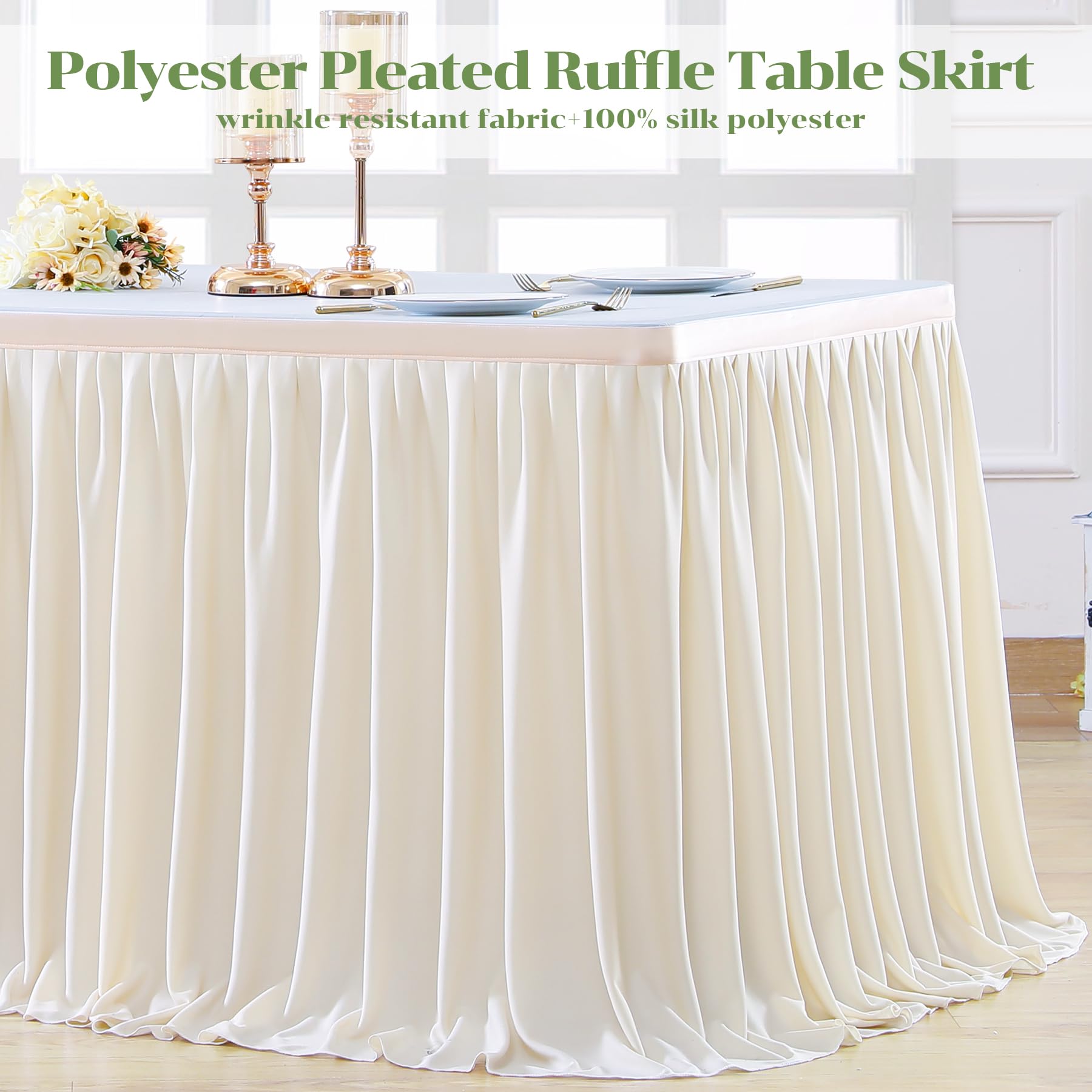 Partisky 12ft Ivory Polyester Table Skirt - Wrinkle Resistant Pleated Ruffle Tablecloth for Rectangle Tables | Perfect for Banquets, Weddings, Baby Showers & Dining Displays | Durable & Elegant Party Decor
