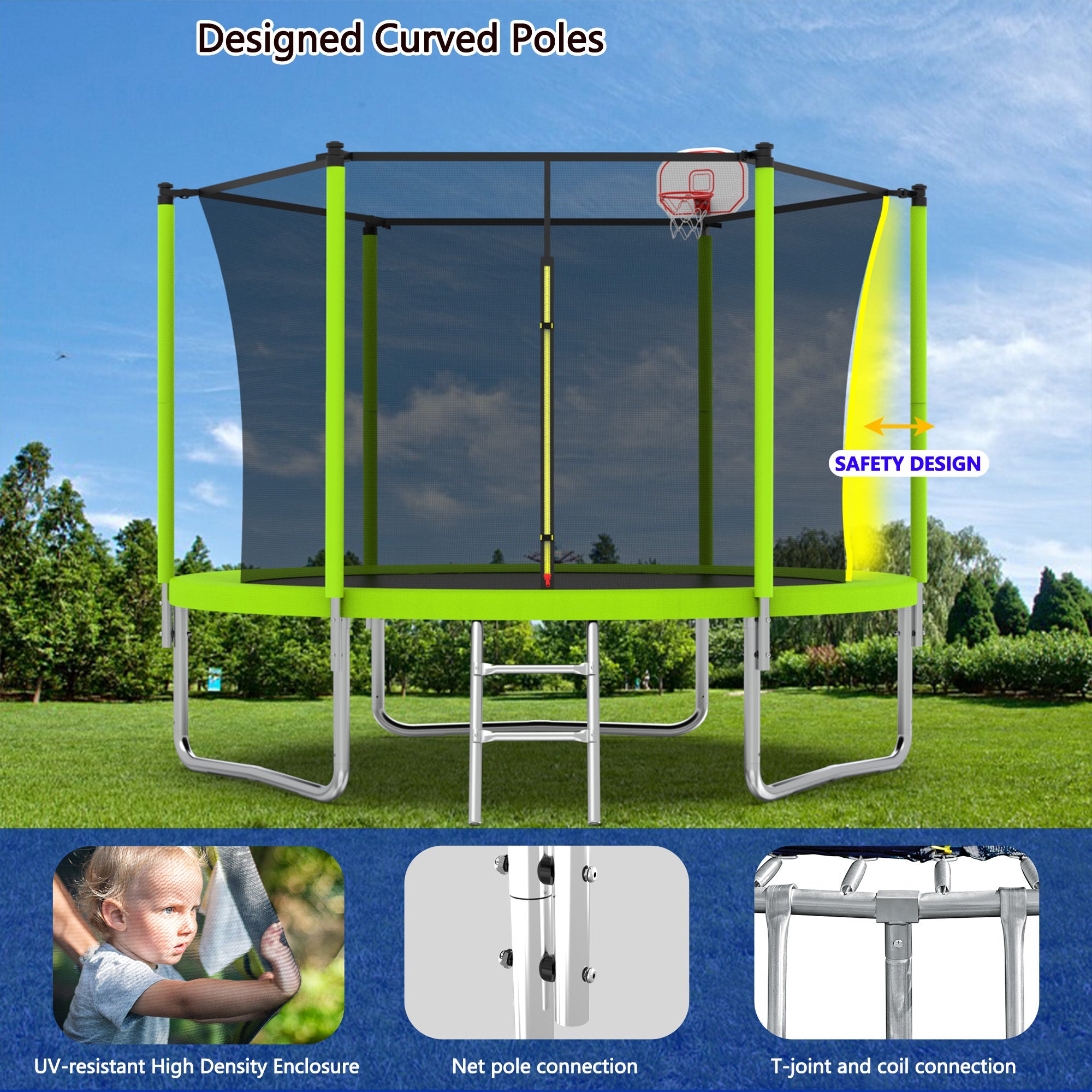 10FT Kids Trampoline with Basketball Hoop & Ladder - Outdoor Bounce Play Set with Safety Enclosure Net, Easy Fast Assembly, ASTM Approved for Backyard, Garden & Playground Fun