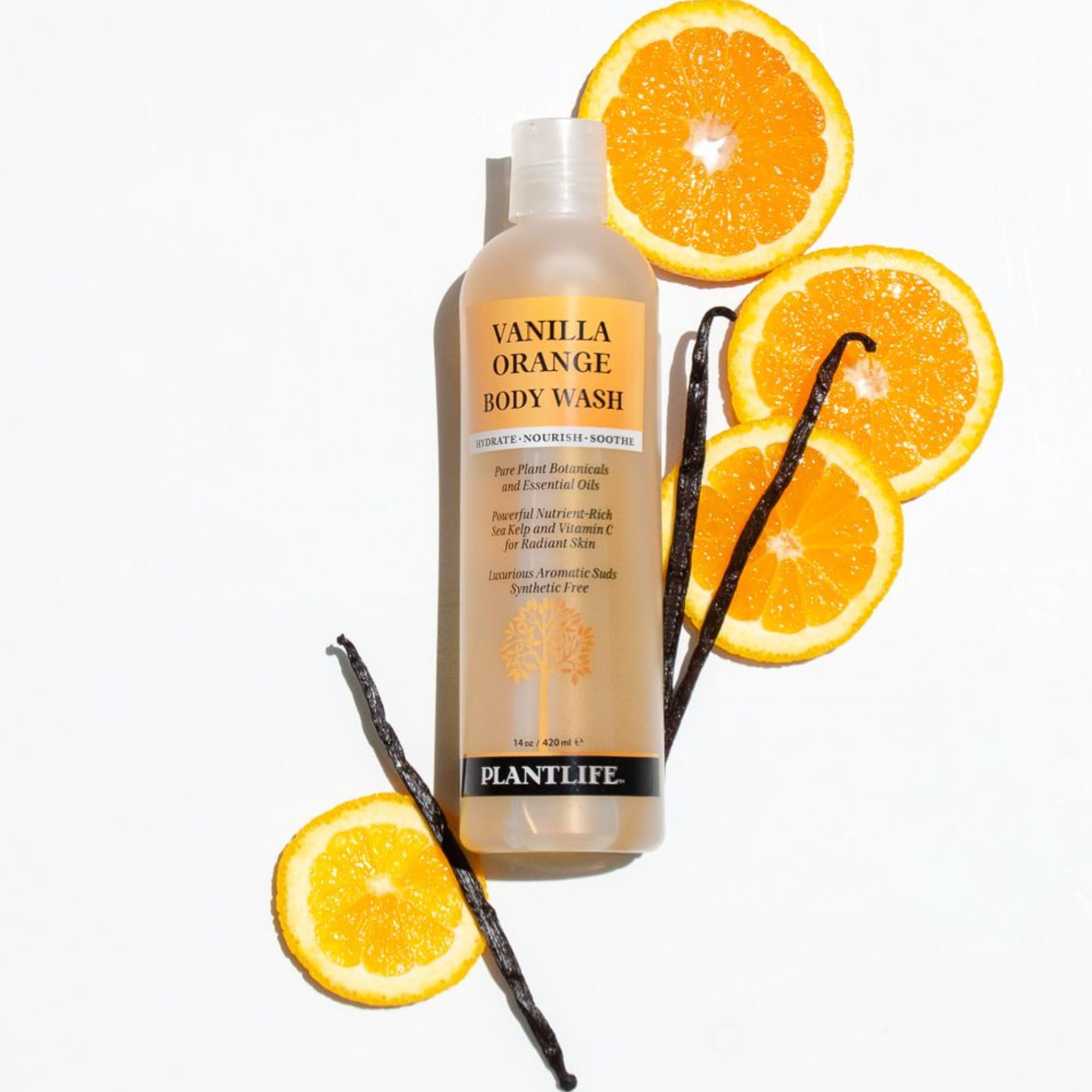 Plantlife Vanilla Orange Body Wash - Natural, GMO & Gluten Free, Gentle Moisturizing Body Wash with Organic Ingredients - Made in USA (14 oz) - Perfect for Sensitive Skin & Daily Hydration