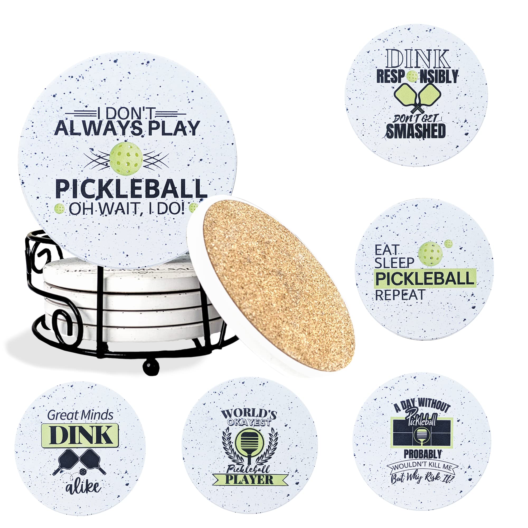Premium Absorbent Ceramic Coasters Set of 6 with Metal Holder - Elegant Pickleball Gift for Women & Men - Includes Kraft Gift Box - Perfect for Home, Office & Sports Enthusiasts