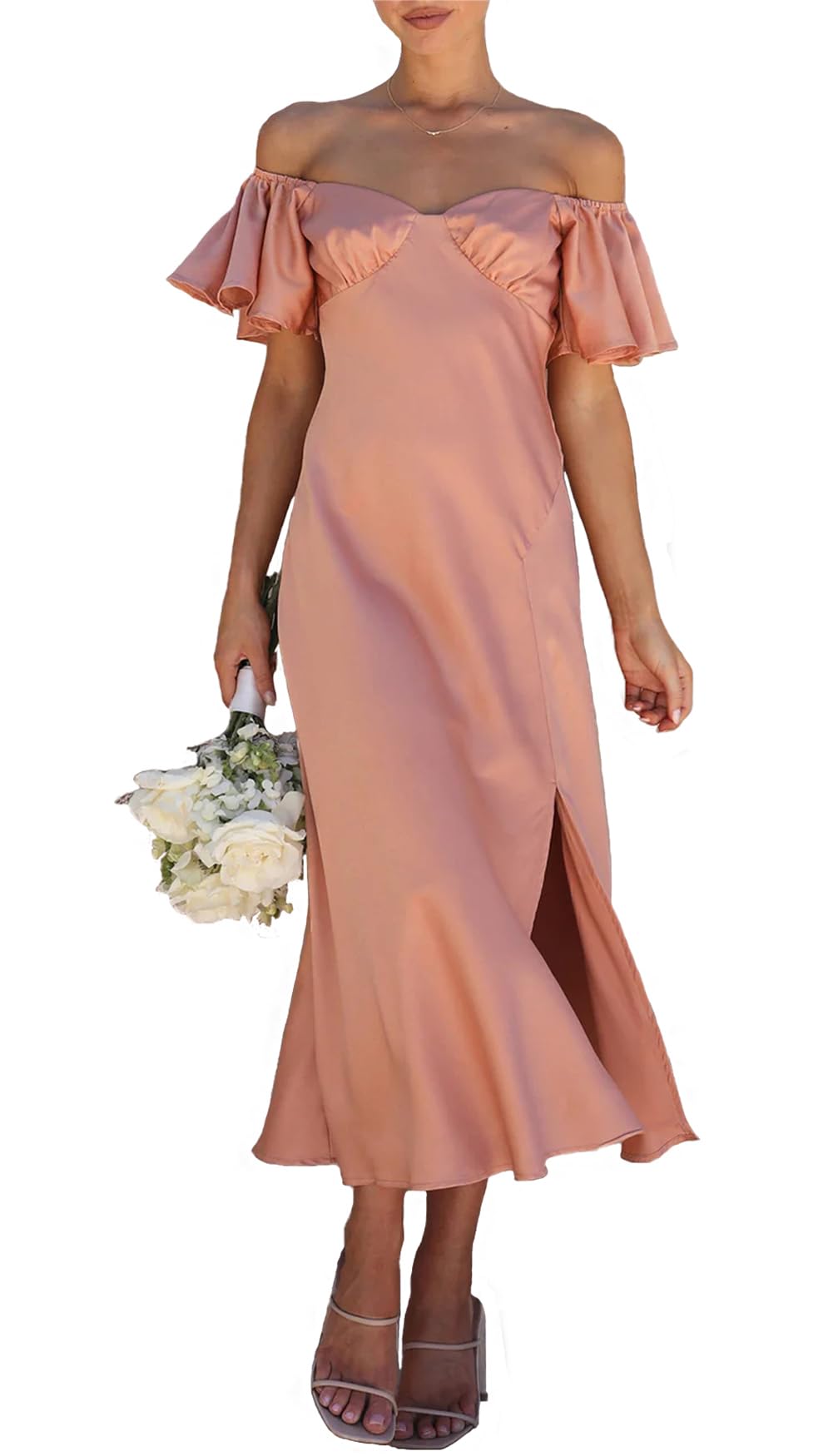 2025 Summer Women's Satin Off Shoulder Formal Dress - Elegant Butterfly Sleeve Wedding Guest & Cocktail Party Midi Dress with Side Split | Perfect for Prom, Evening Gala, Bridesmaid & Special Occasions
