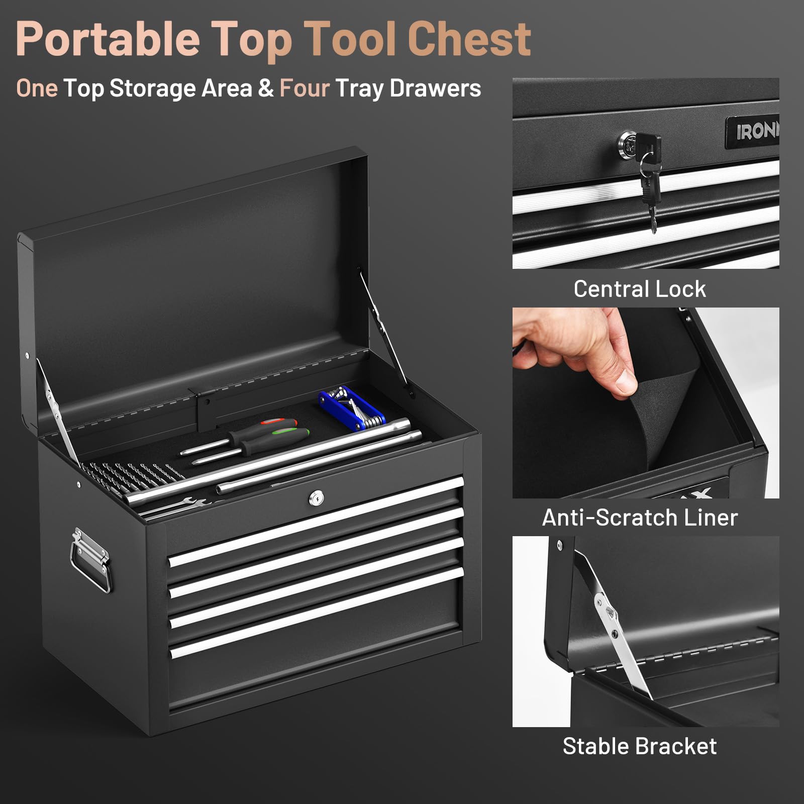ERGOMASTER Rolling Tool Chest - Heavy Duty 6-Drawer Black Tool Box with Removable Top Box, Large Bottom Cabinet, Lock System & Smooth Casters | Perfect for Garage Organization, Auto Repair Shops & DIY Projects