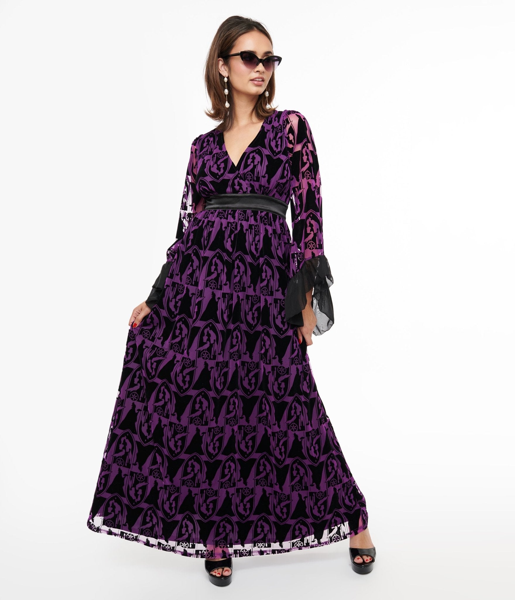 Disney Princess Maleficent Purple & Black Velvet Burnout Maxi Dress | Unique Vintage Collection | Perfect for Cosplay, Halloween Costumes & Themed Parties