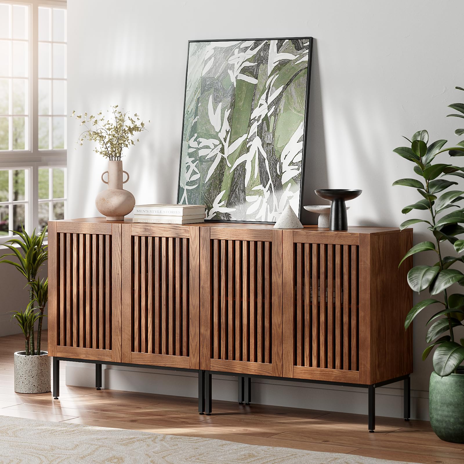 Set of 2 Modern Accent Storage Cabinets with Doors & Adjustable Shelves - Freestanding Buffet Sideboard for Living Room, Dining Room, Kitchen & Hallway - Perfect for Home Organization & Stylish Storage (Brown)